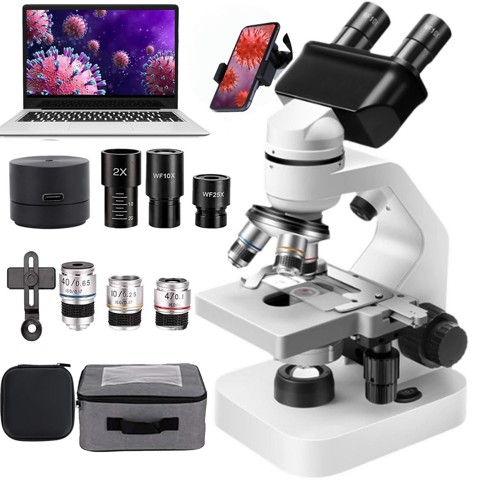 Microscopio Binocular 40x-2000/5000x, Luces Led Duales Superior E Inferior/Enfoque Grueso Y Fino/RotacióN 360°/Campo Amplio,Con Ocular ElectróNico +Soporte TeléFono+Bolsa Almacenamiento,2000x