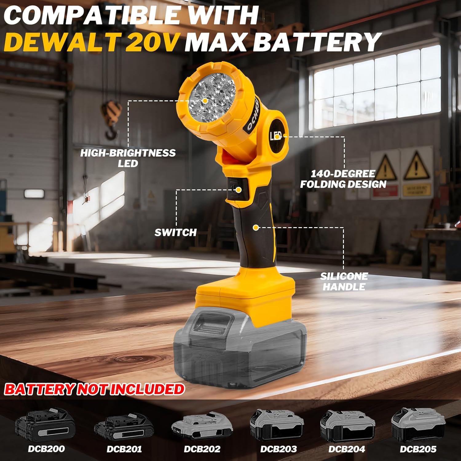 Cordless LED work light compatible with DeWalt 20V MAX Battery, 1000LM Handheld Flashlight with two levels and 140 Degree Rotating Wide-Angle Lighting for Workshop, Camping (Battery Not Included)