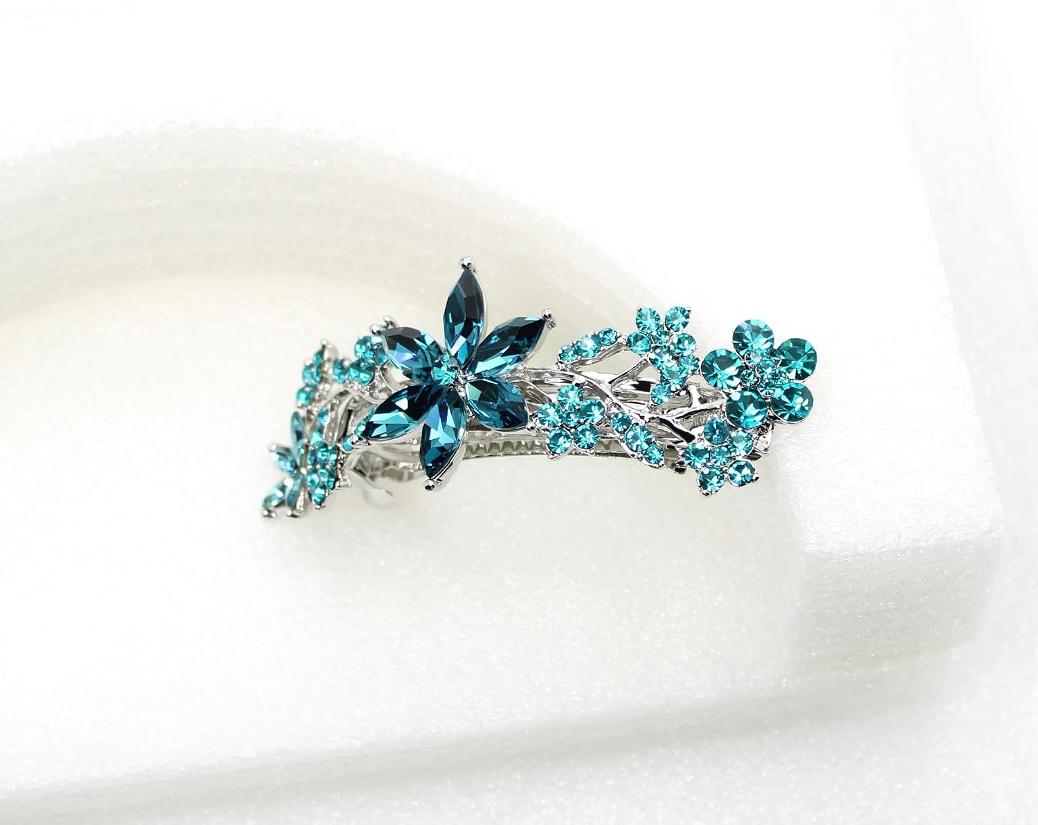 Faship Gorgeous Teal Rhinestone Crystal Floral Hair Barrette
