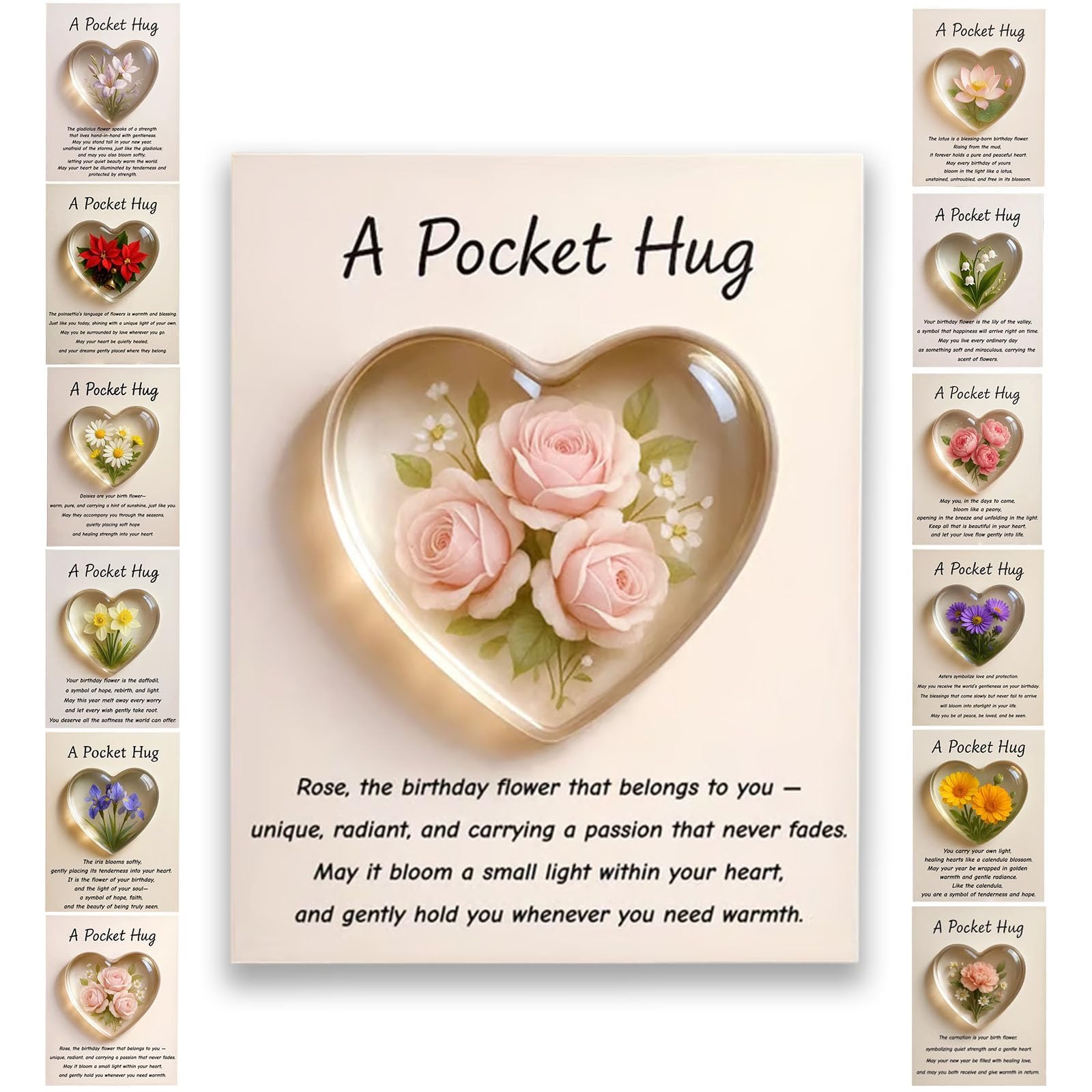Birth Flower Pocket Hug Gift–Personalized Monthly Flower Token,Heart-Shaped Mini Keepsake for Encouragement Anxiety Relief & Emotional Support, Birthday Gifts for Women,Friends,Family,Lover (Jun.)