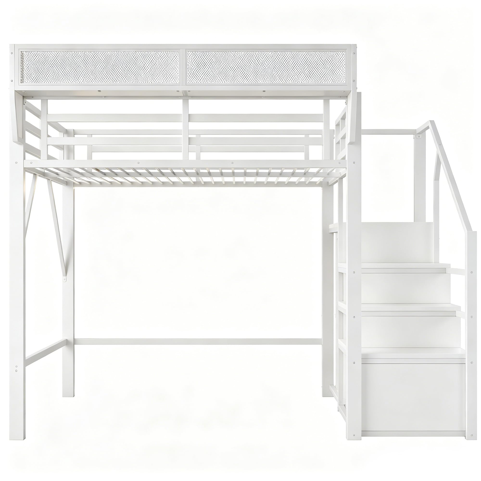 Moimhear Cama alta de hierro, con escalera de seguridad y espacio de almacenamiento flexible, cama de metal, cama para adultos (blanco, 140 x 200 cm)