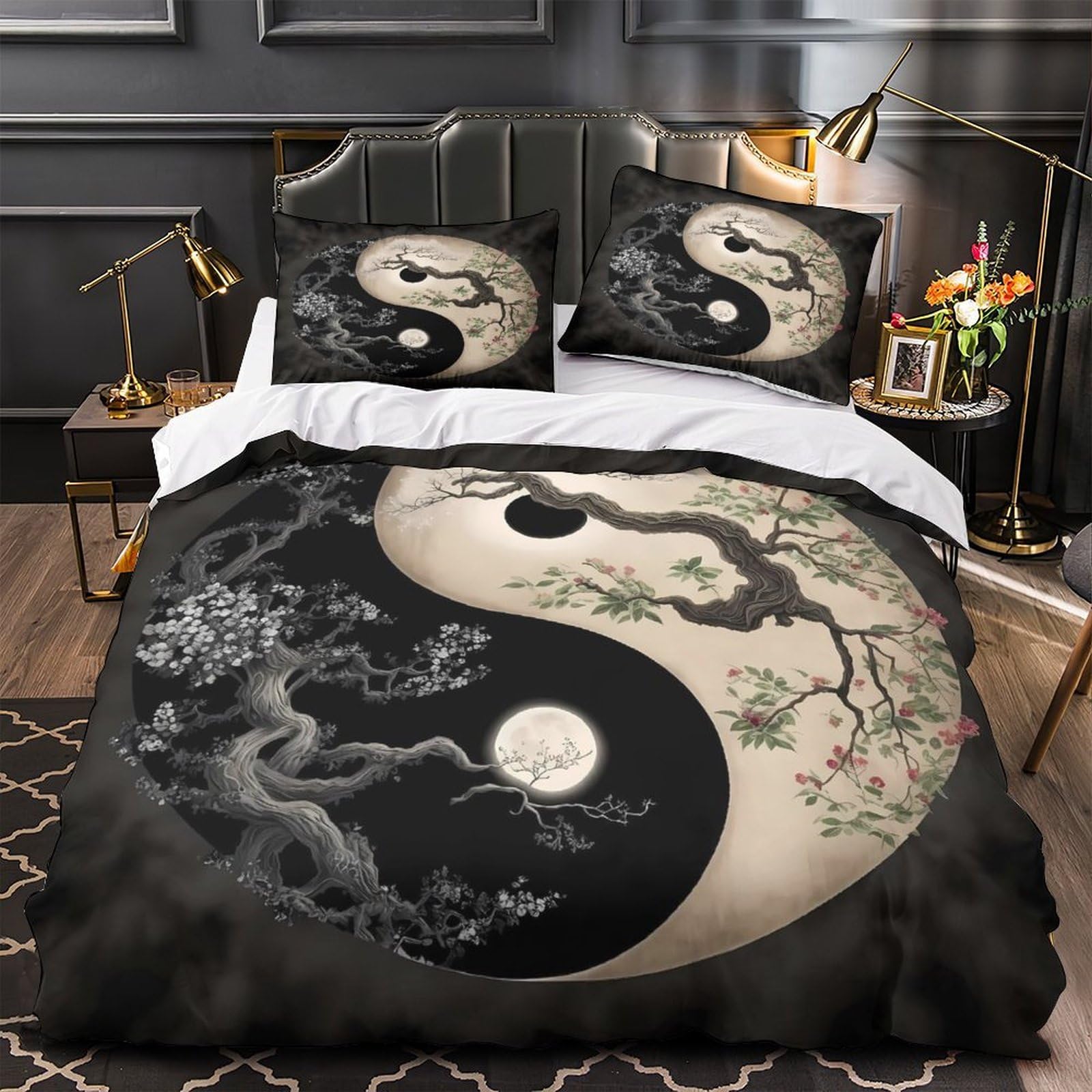 Parure de lit Yin-Yang microfbre 135x200 pour enfant avec housse de couette imprimée 3D