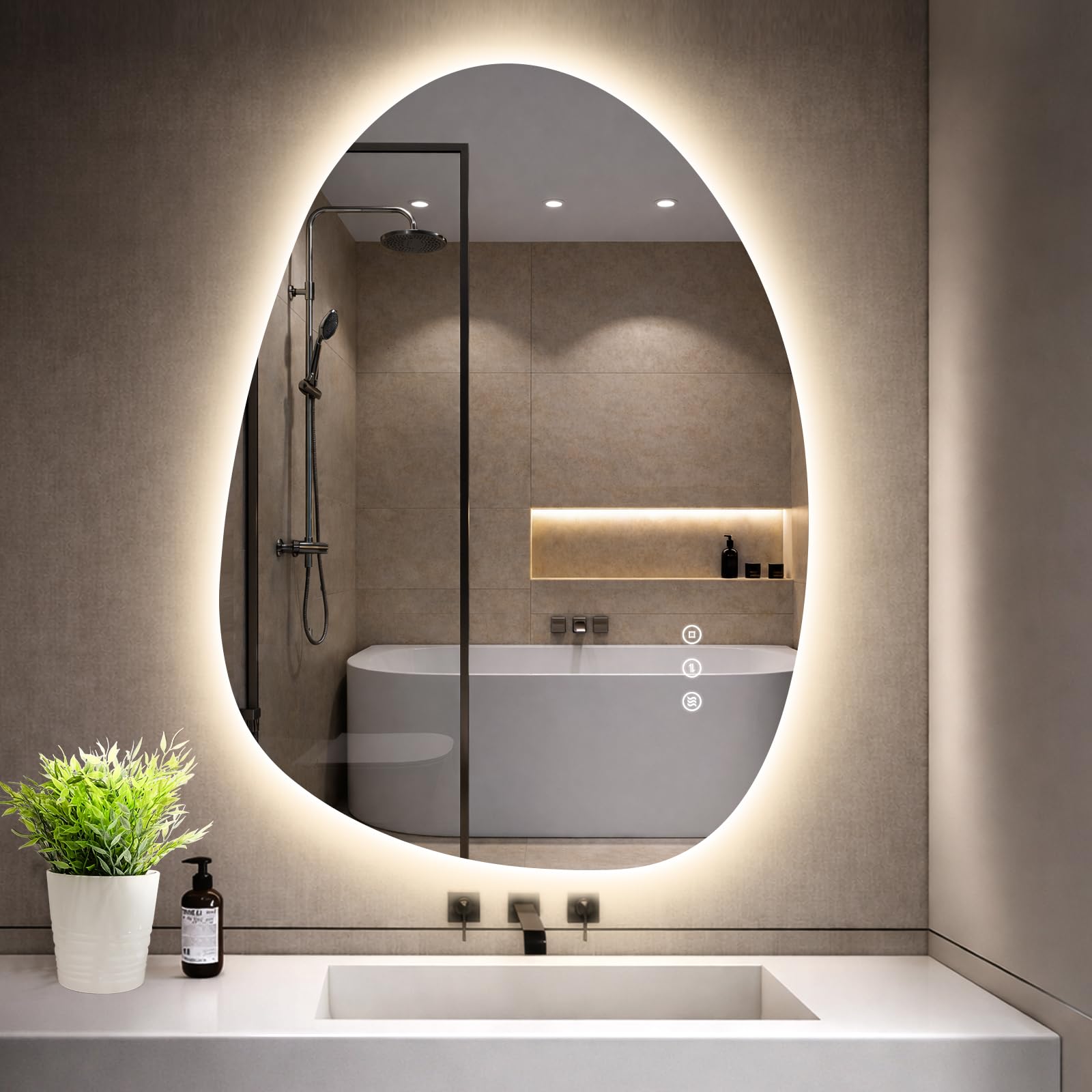 GIMBELEN Asymmetrischer Spiegel mit Beleuchtung 75 × 55 cm, 3 Lichtfarben, Dimmbar, Antibeschlag, IP44 Wasserdicht, Bad Spiegel mit Licht, Touch-Schalter, Memory-Funktion Horizontal/Vertikal