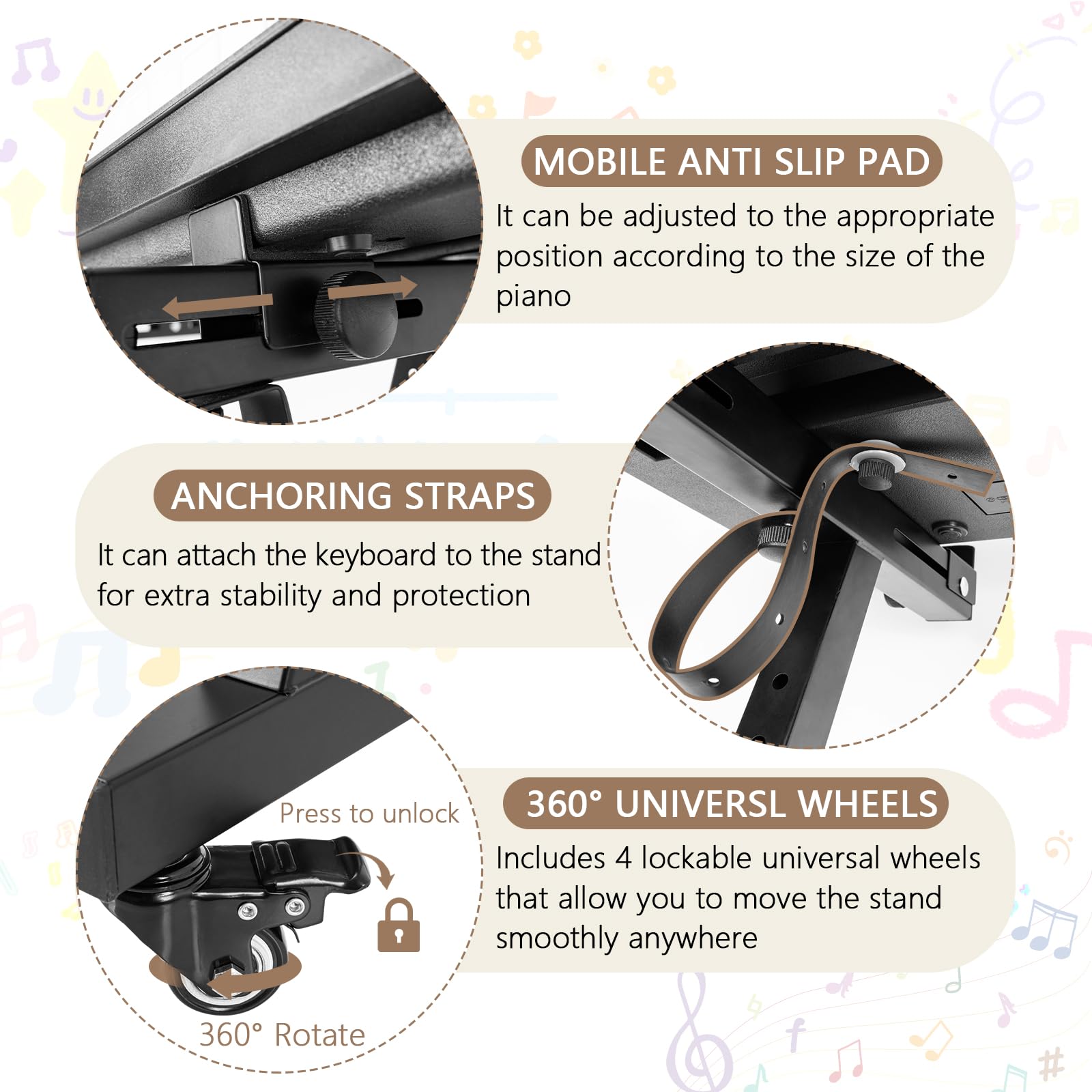 OUUTMEE Soporte de teclado resistente, soporte de piano digital estilo Z, soporte de teclado ajustable en altura y ancho con 4 ruedas, se adapta a pianos eléctricos de 54 a 88 teclas, color negro