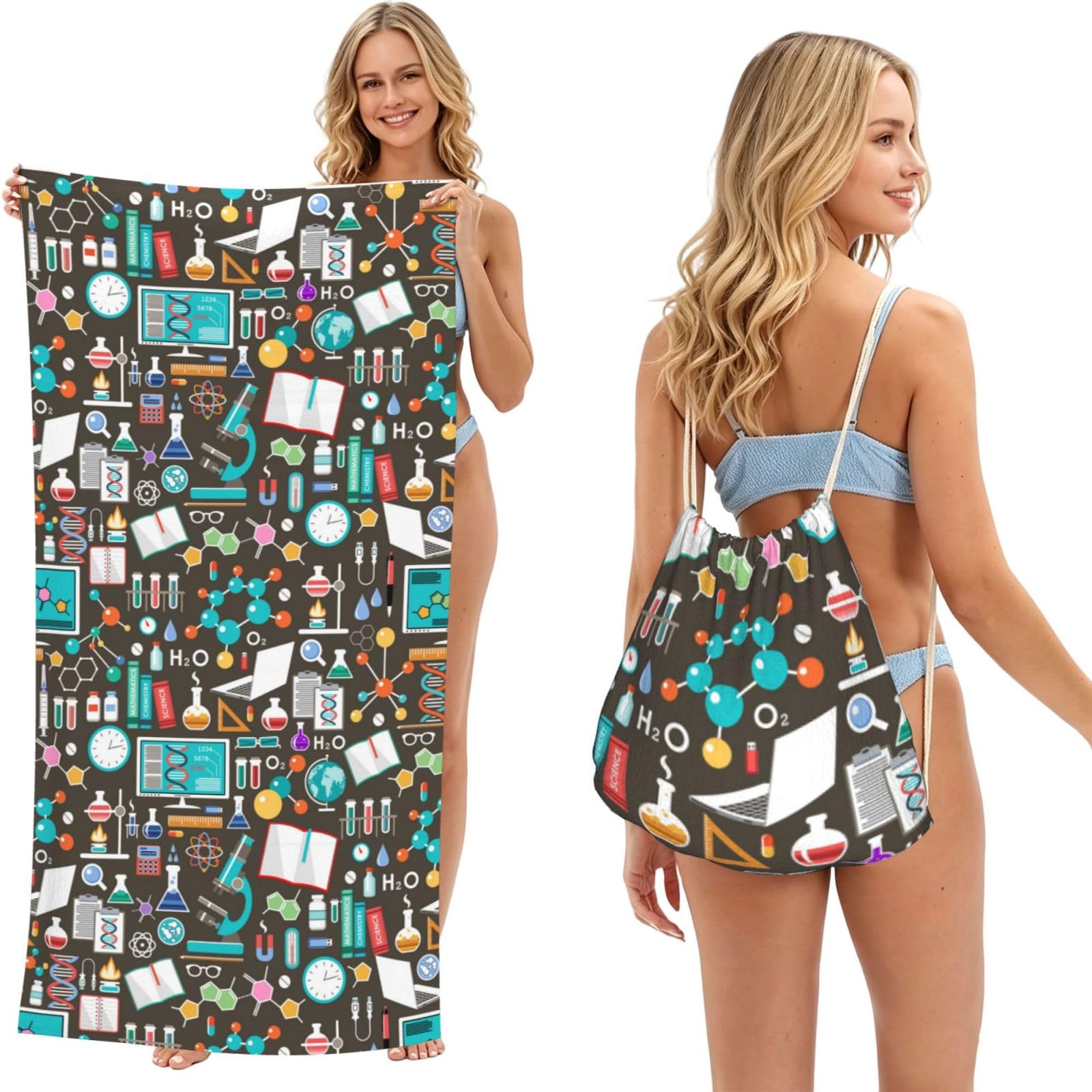 Poadnly As Picture Science Chemistry Pattern, 2 In 1 Packable Towel Bag, Beach Towels With Drawstring Backpack For Travel Holiday Camping
