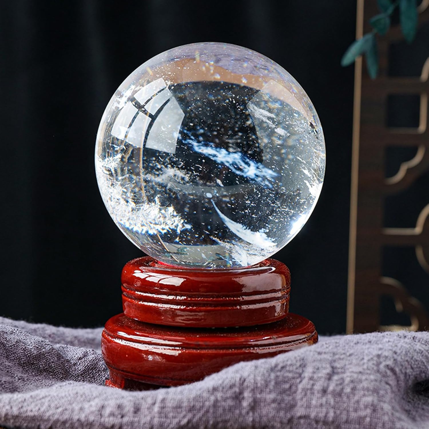 Smelting Clear Quartz Crystal Sphere, Crystal Feng Shui Ball with Wooden Base, Sphere Ball Stone Figurine for Home Living Room Decoration,13cm/5.1in