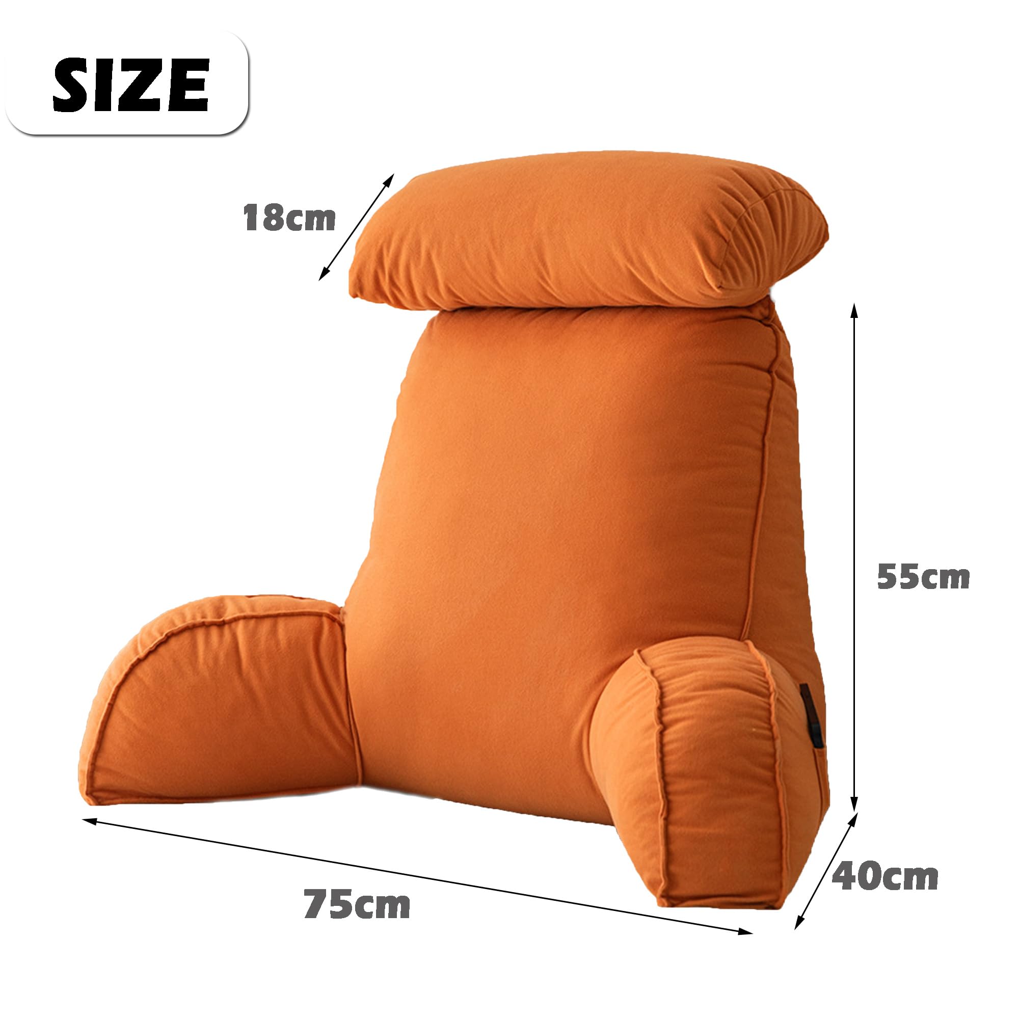 Cuscino da lettura per divano e letto, cuscino di supporto per braccioli lombari, 75 x 40 x 55 cm, arancione, perfetto per leggere e rilassarsi a casa