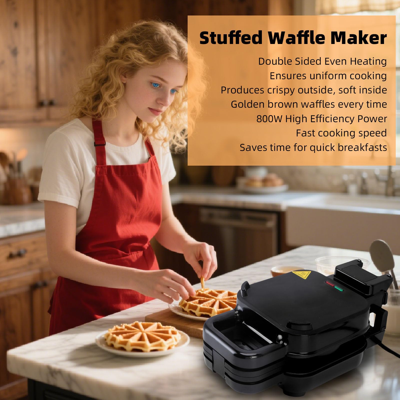 Pssopp Stuffed Waffle Maker, Fast Heating Effective Making Non Stick Design Easy to Cleanup Multifunctional Fluffy Waffle Iron for Breaking Making(800W) (US Plug 110V)