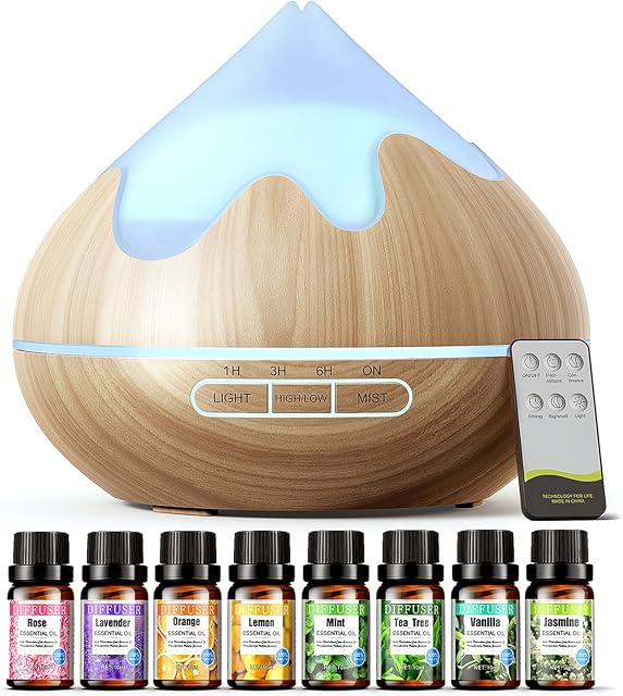 500ml Essential Oil Diffusers with 8 Oils Gift Set, Aroma Diffuser with Remote Control, Ultrasonic Humidifier for Home Office, Waterless Auto Shut-Off, 4 Timers, 15 Colors