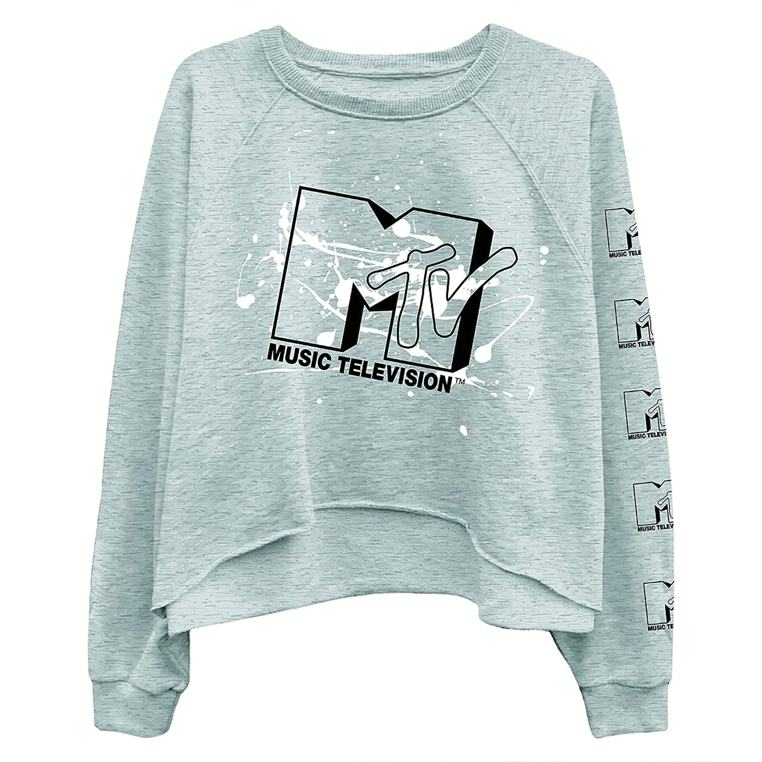 MTV Women's Long Sleeve Raglan Sweatshirt - Nostalgic 90s 'I Want My Print - Casual Raw Edge Fleece Pullover
