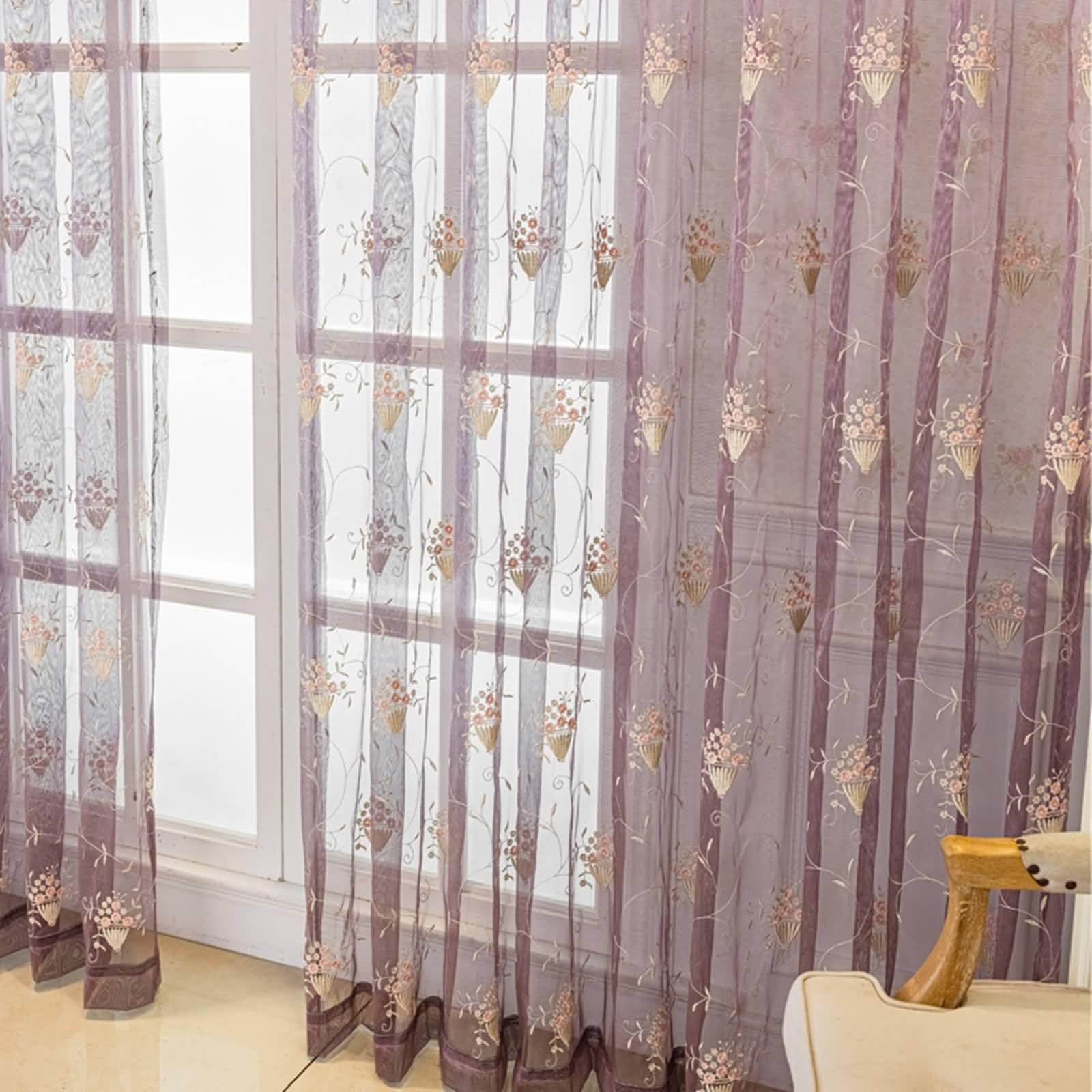 Cortinas 2 Piezas Traslúcidas,2 x 107W x 147H CM,Cortinas Ventana Visillos Púrpura Patrón Bordado Floral Cortinas Cocina con Ojales