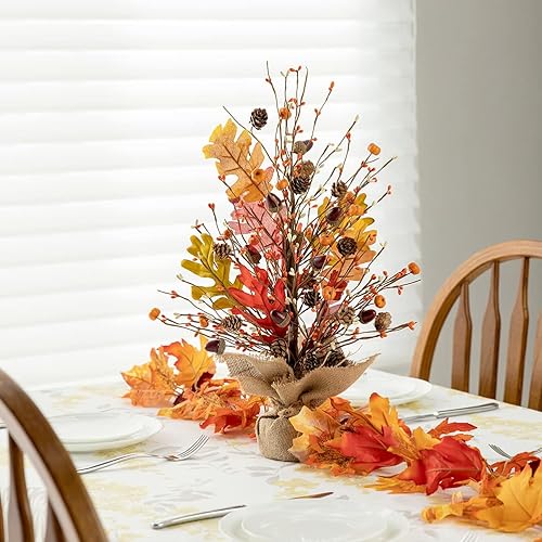 Miniatura 3 de Glitzhome Árbol de mesa de calabazas de cosecha de otoño de 20 pulgadas de alto con base de arpillera, bayas decorativas, hojas, centro de mesa para