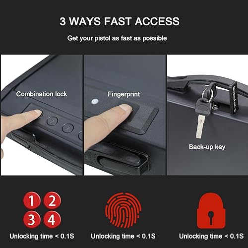 Miniatura 8 de Caja de seguridad biométrica para pistolas, de acceso rápido para pistolas, capacidad de dos armas de fuego con bloqueo de huellas dactilares y