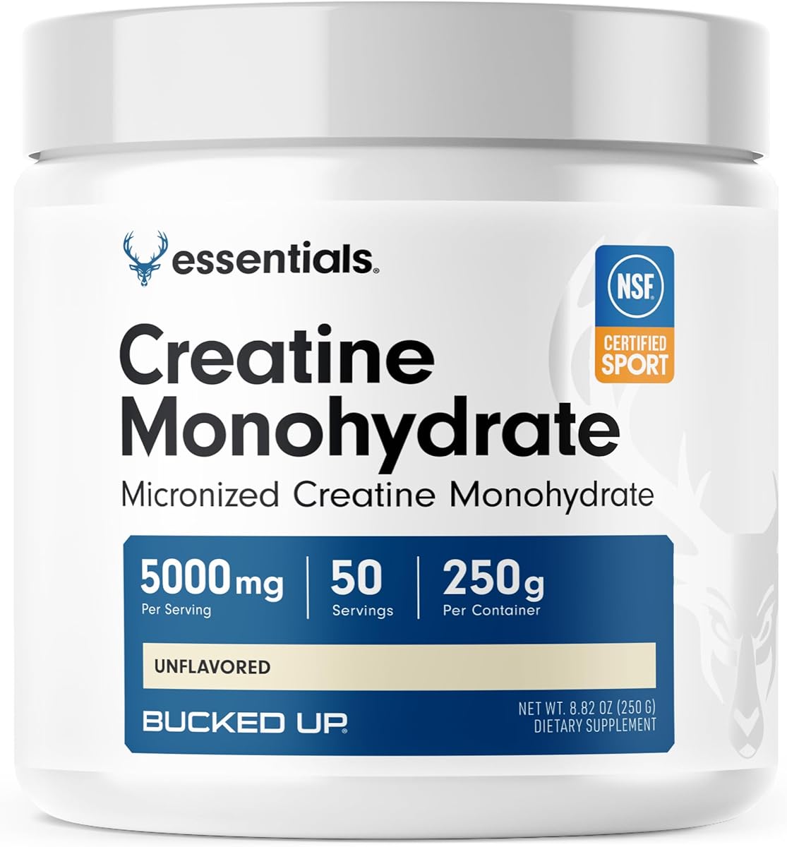 Bucked Up Pure Micronized Creatine Monohydrate for Women and Men - Easy to Mix and Unflavored - 5G Per Serving - 50 Servings - 250 Grams Per Container