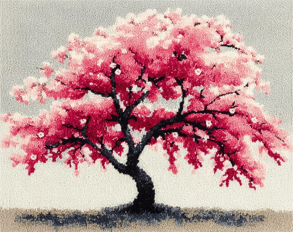 Latch Hook Rug Kits Cherry Blossom Tree Colorful Printed Crochet Yarn DIY Hooking Latch Kit Carpet Rug Cover Mat for Cushion Floor Decor 15X20In
