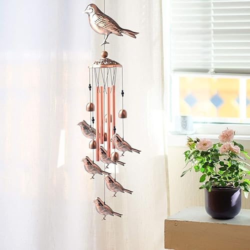Miniatura 5 de Campana de viento de pájaro para exterior, 33 pulgadas de longitud, campanilla de viento de gorrión conmemorativa con 4 tubos grandes de aluminio y