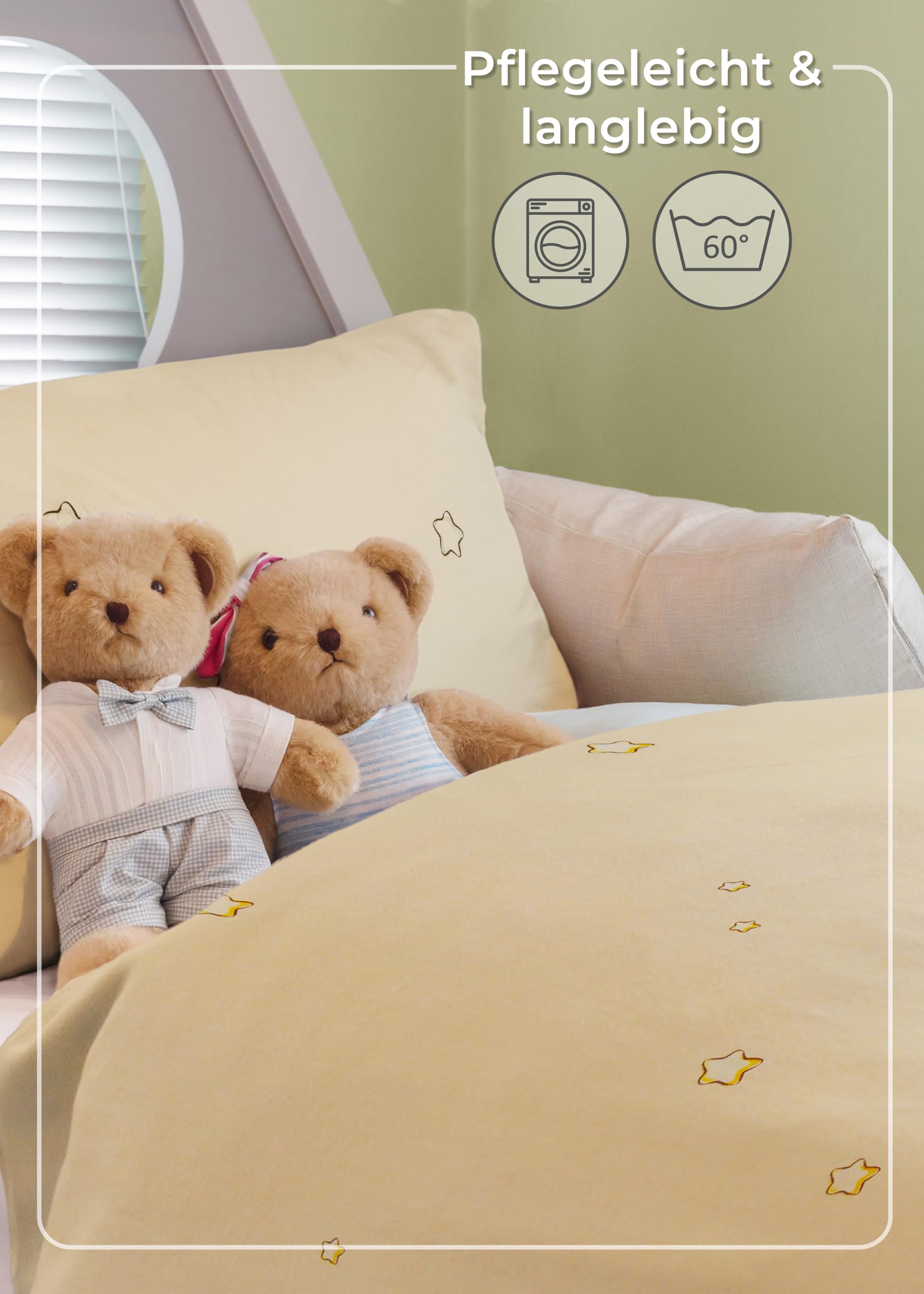Gräfenstayn® 2-częściowy zestaw pościeli dziecięcej z motywem zwierzęcym i zintegrowanym zamkiem błyskawicznym - ze 100% bawełny (jakość Renforce) - poszewka na kołdrę 135 x 100 cm i poszewka na poduszkę 60 x 40 cm (miś i gwiazda)