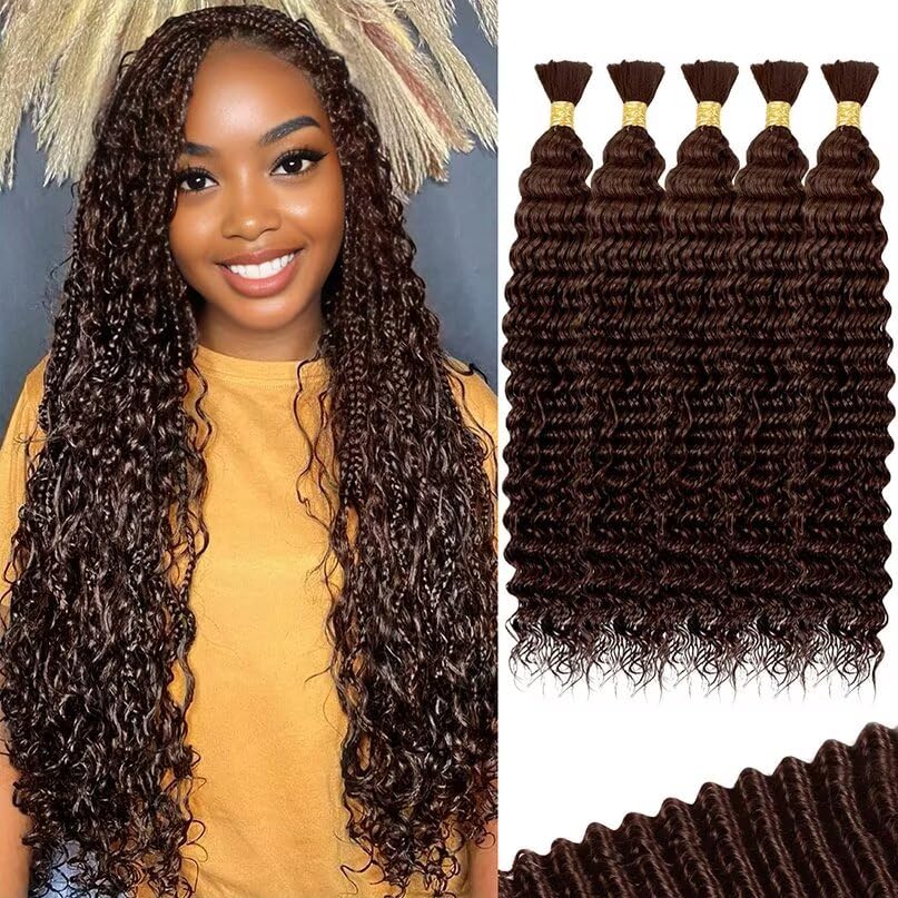 12A #4 Chocolate Brown Human Braiding Hair for Boho Braids 5 Bundles 14 Inch 160g Deep Wave Braiding Hair for Bohemian Knotless Braids 100% Unprocessed Virgin Bulk Hair Extensions No Weft