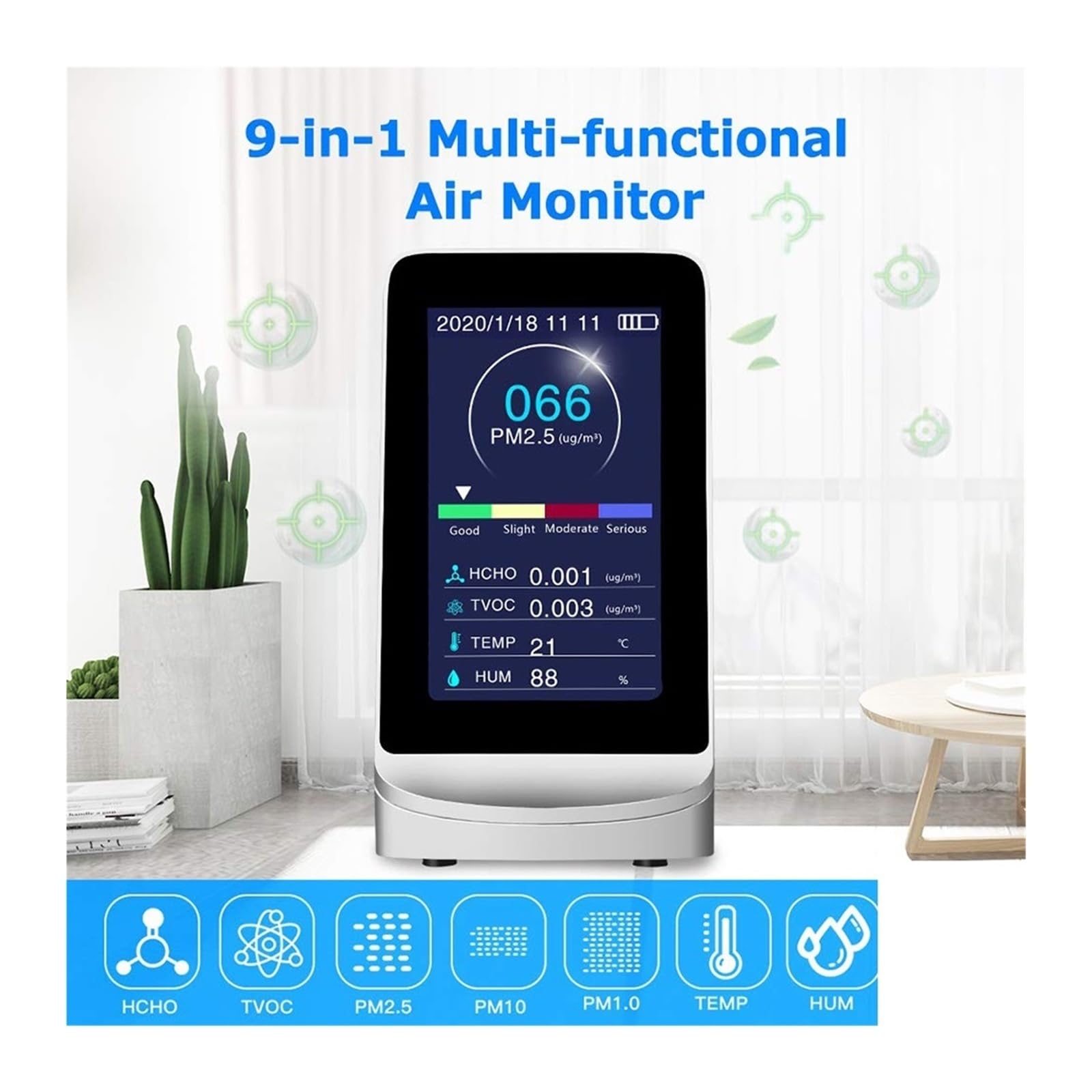 Monitor de calidad del aire, Detector de calidad del aire Pm2.5 1.0 10 Analizador gases Monitor Formaldehído Tvoc Hcho Pm 2. Co2 Sensor Medidor Probador para el hogar, la oficina