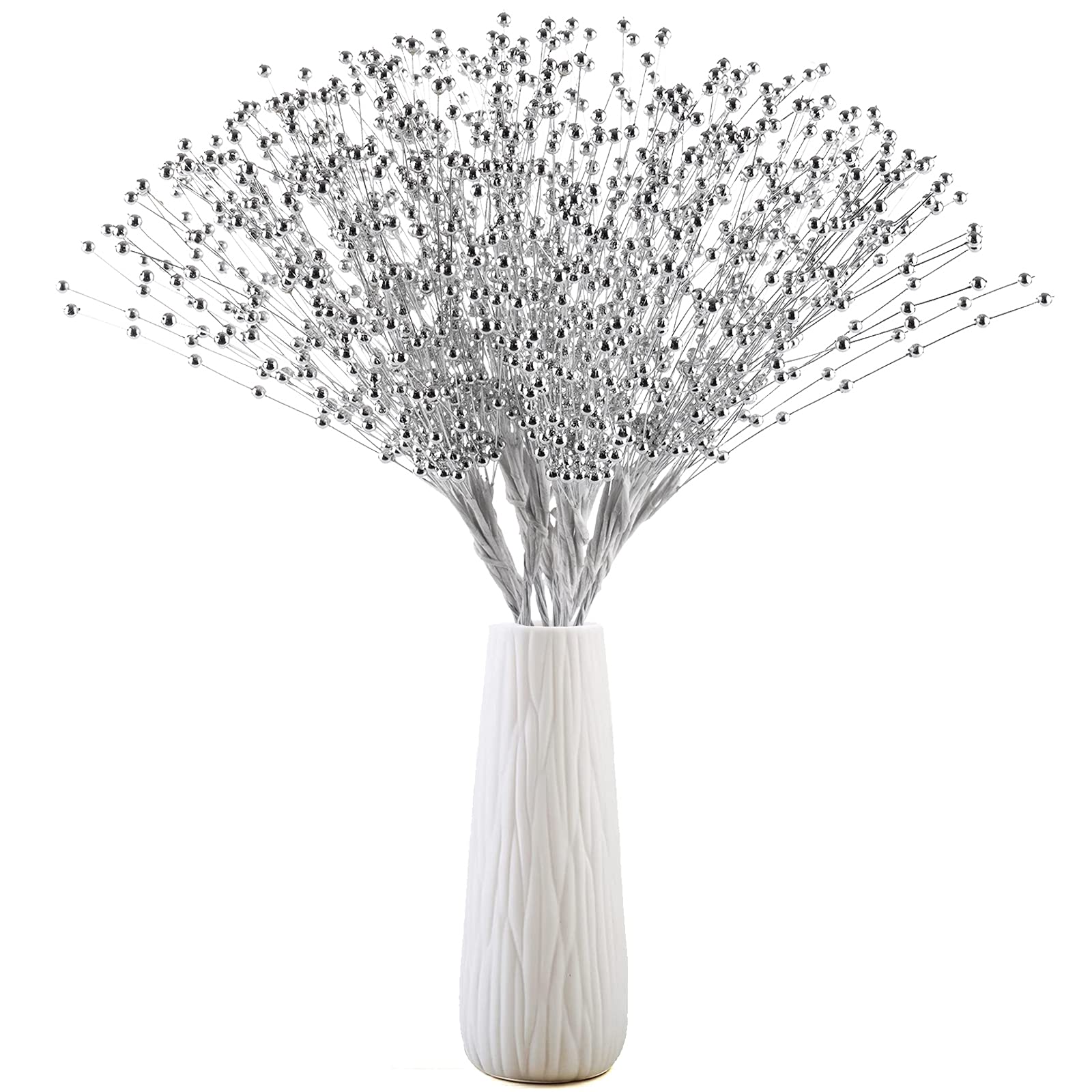 SHAOQINLIN 50 Pieces Pearl Spray String Pearl Stick Bridal Wedding Pearl Bouquet Party Decoration Christmas Wreath Table Decoration (Silver)