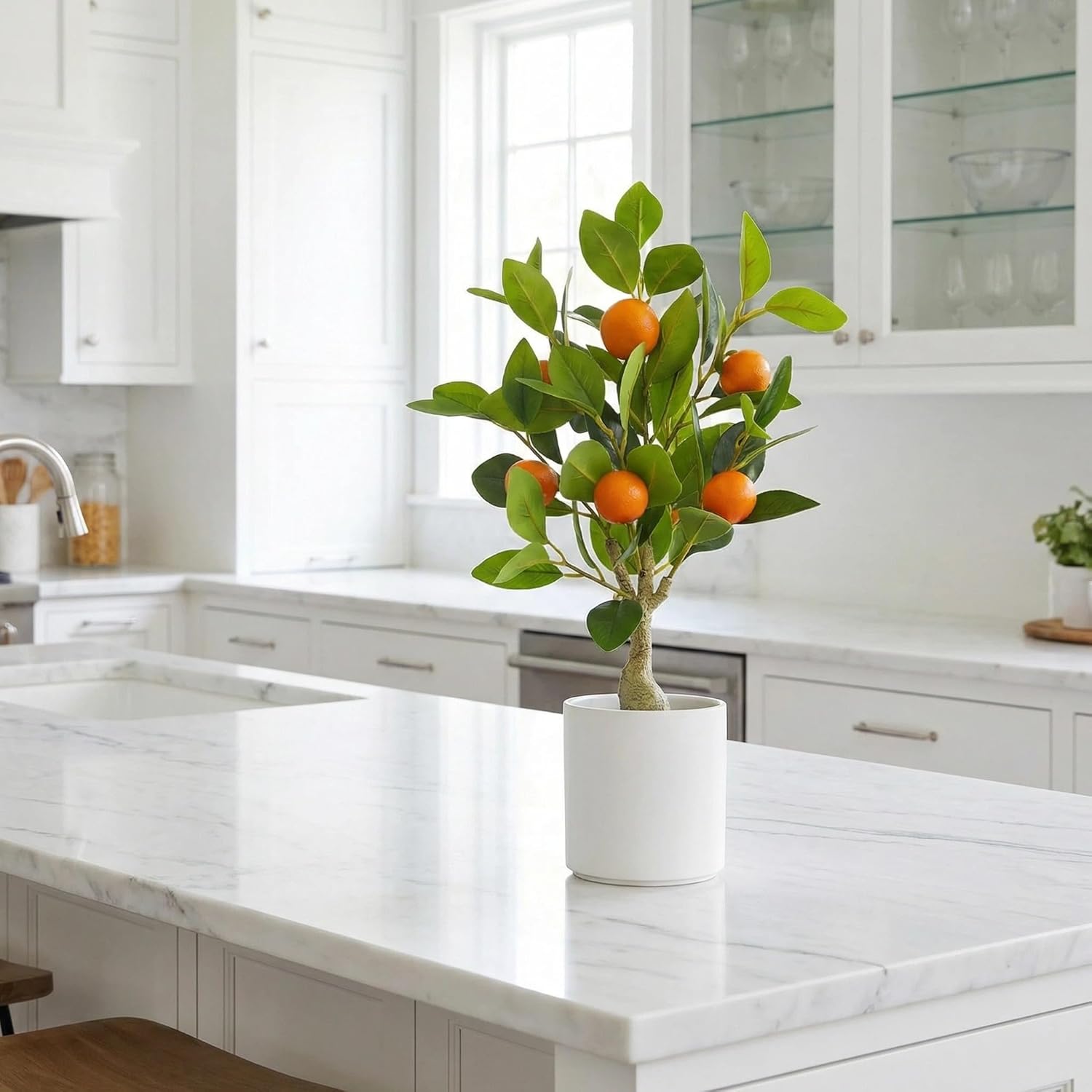 Artificial Potted Plants 20.5 Inches Fake Orange Tree, Faux Plants Potted with White Pot and Stone Cover, Realistic Indoor Orange Decorations for Home, Kitchen, Office, Table, Desk, Garden