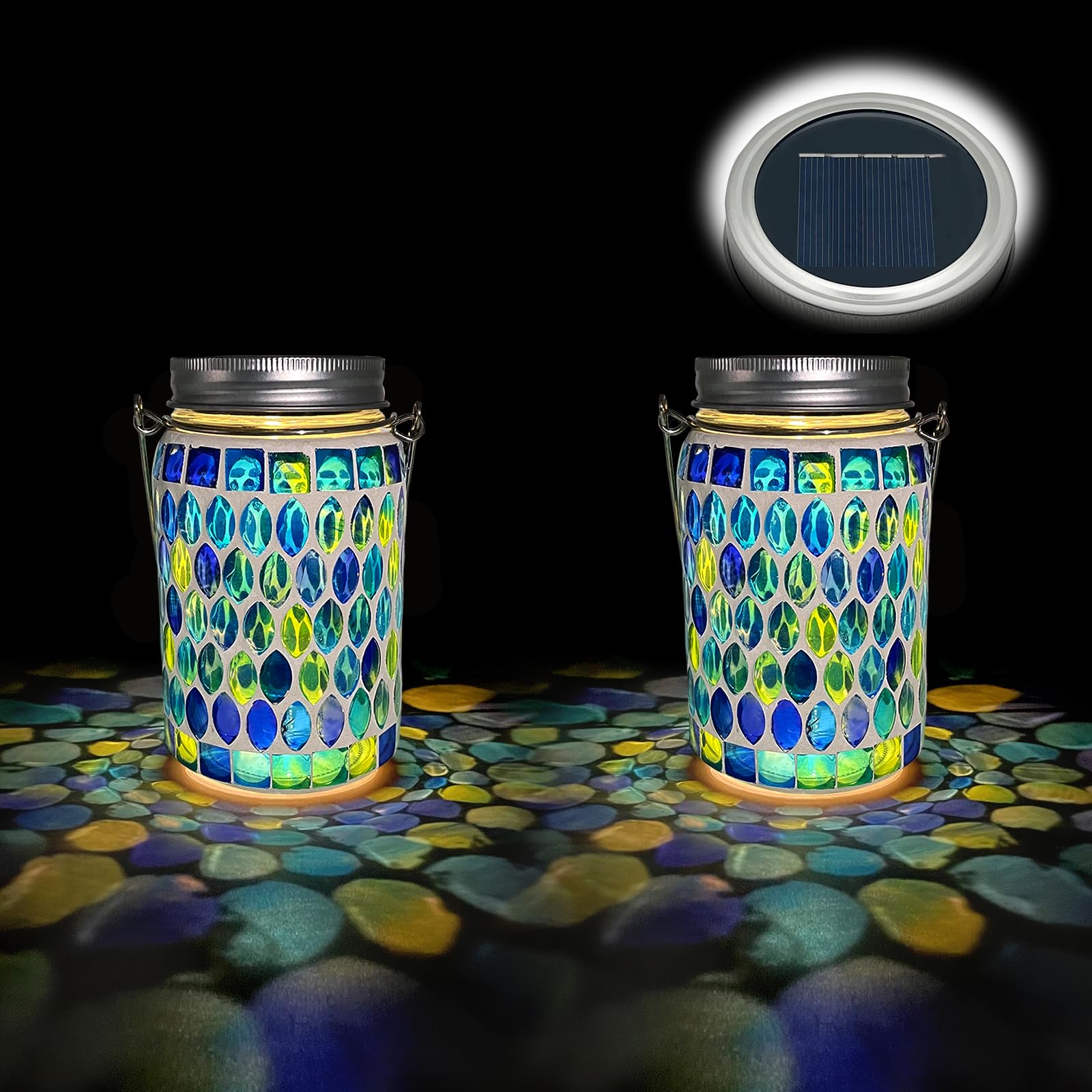 2PCS Mosaic Solar Lights Outdoor Garden, On/Off Glass Hanging Solar Mosaic Lanterns Lights IP65 Waterproof for Table Lawn Path Courtyard Deck Fence, Blue Mosaic Glass