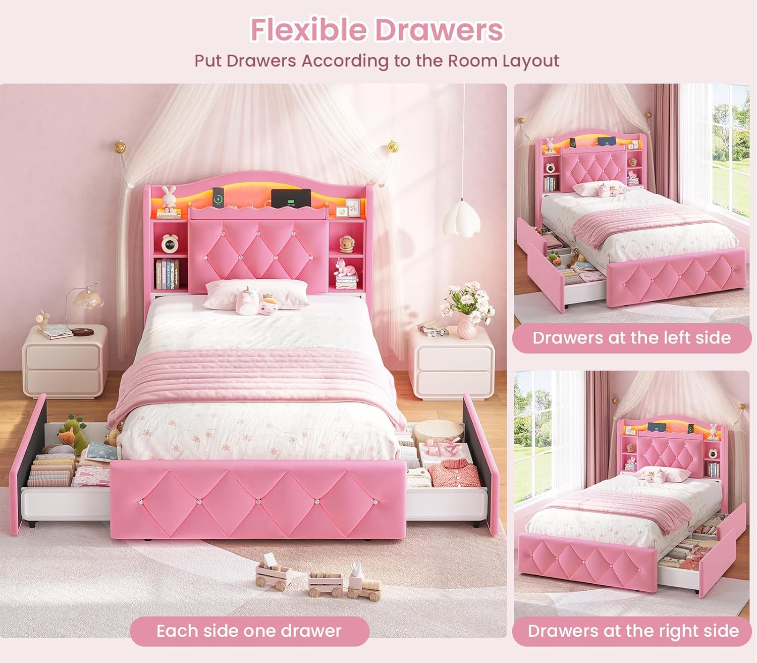 DICTAC Twin Size Bed Frame for Girls with Storage Drawers, Bookcase Headboard, LED Lights and Power Outlets, Diamond Tufted Velvet Upholstered Princess Platform Bed, Heavy-Duty Metal Support, Pink