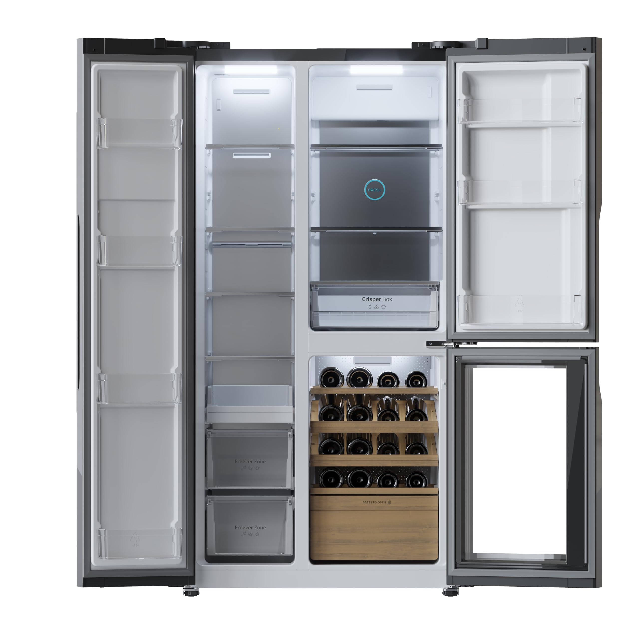 Cecotec Frigorífico 3 puertas Bolero CoolMarket TDW 548 Black Glass E, Clase E, 548 L, Diseño T Door, Compresor Inverter Plus, Total No Frost, Metal Cooling, Multi AirFlow, Fast Cooling & Freezing