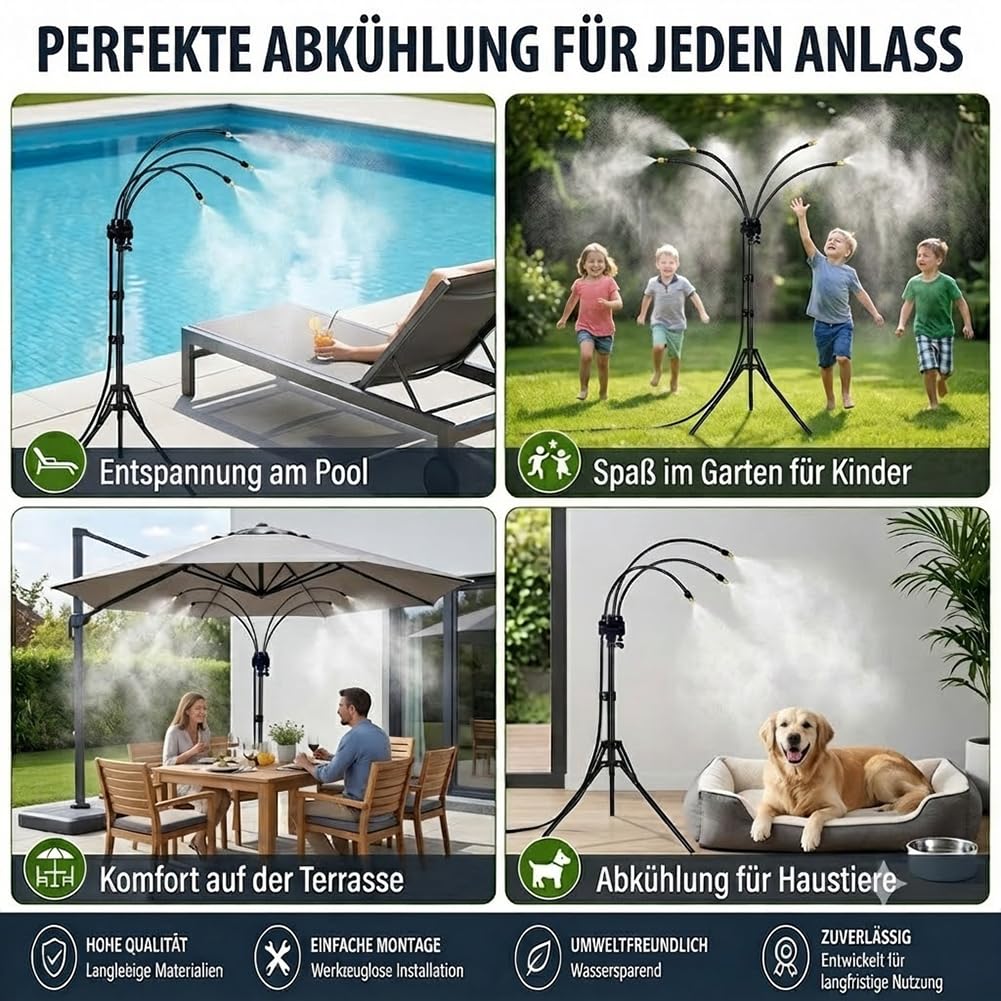 Einstellbares Stehendes Sprühnebel Kühlung System, Tragbarer Wassernebel für Terrasse und Garten, 360° Flexibler Sprühnebel Terrasse mit Höhenverstellbarem Stativ für Pool, BBQ und Outdoor (2Pcs)
