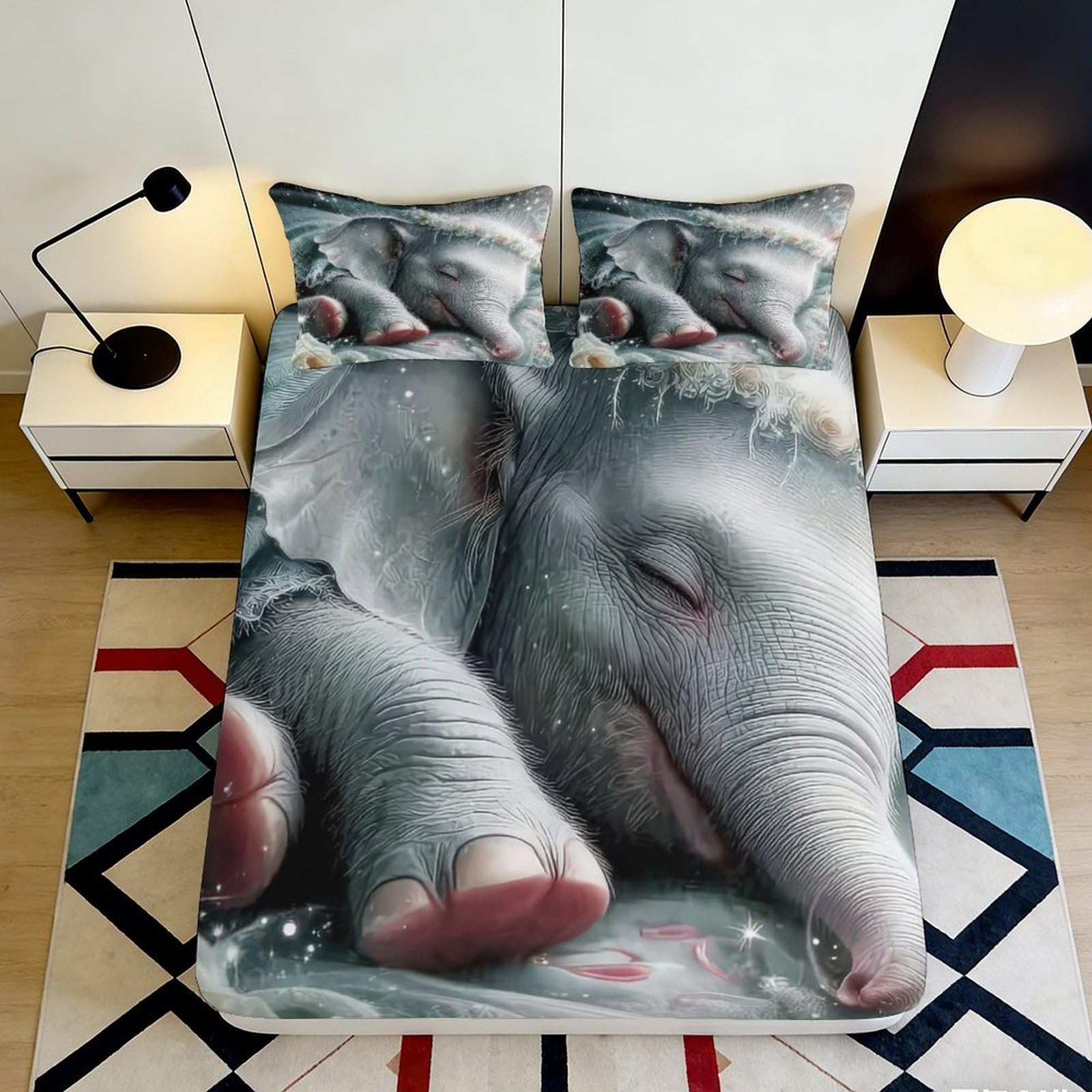 3D Printed Elephant Pattern Fitted Sheet Microfiber Soft Breathable Sleeping Elephant Bed Cover for Bedroom Dormitory Guest Room Mattress Protection 200x200x25cm