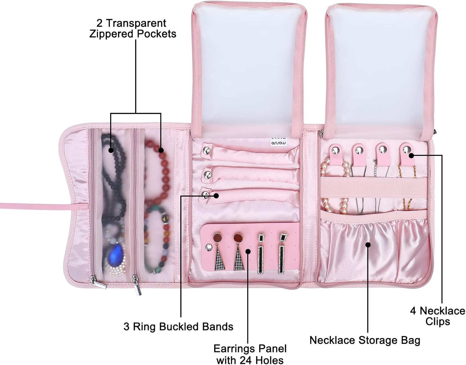 MOSISO Jewelry Box&Travel Jewelry Organizer Roll Case, Jewelry Storage Case Organizer Stackable Double Layer Lockable Display Necklace Earring Bracelet Ring Watch Brooch Holder, Black&Pink