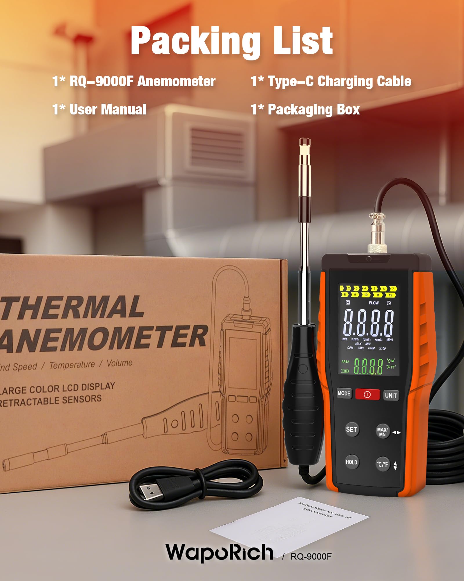 Thermisches Windmesser Windmessgerät, WapoRich Hitzdraht-Anemometer HVAC CFM Meter misst Windgeschwindigkeit, Temp(℃/℉), CMM/CMS/CFM mit MAX/MIN, Data Hold - RQ-9000F
