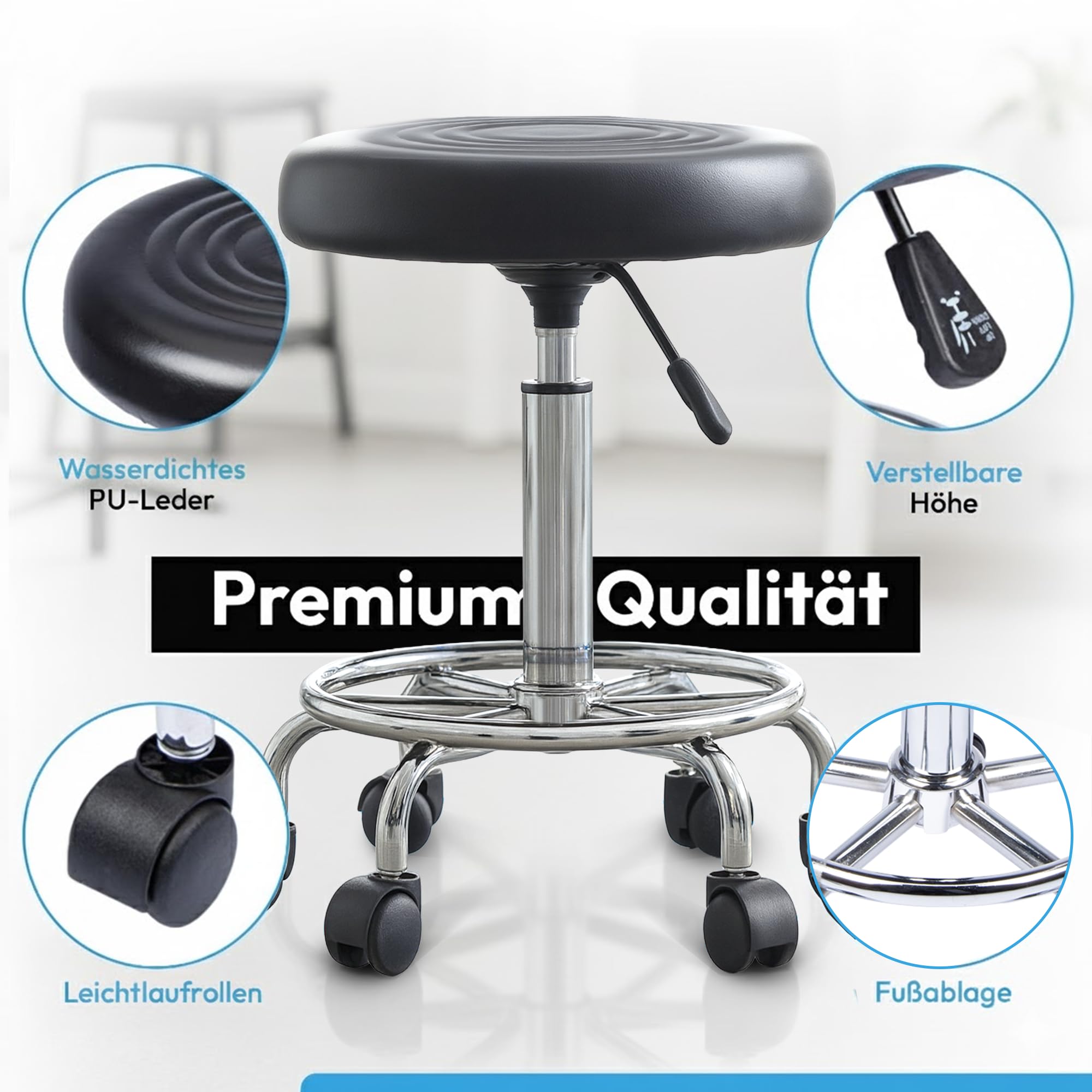 GOODS+GADGETS Ergonomie rollbarer Arbeitshocker Drehhocker Barhocker Praxishocker Rollhocker höhenverstellbar, schwarz