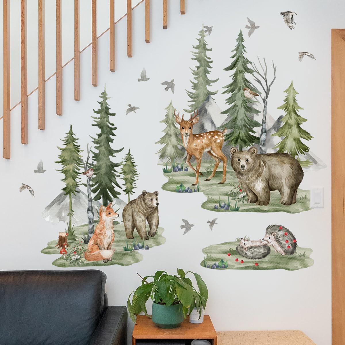Runtoo Large Woodland Animals Wall Decals Bear Fox Deer Mountain Forest Pine Tree Wall Stickers for Nursery Kids Bedroom Classroom Wall Decor - Image 2