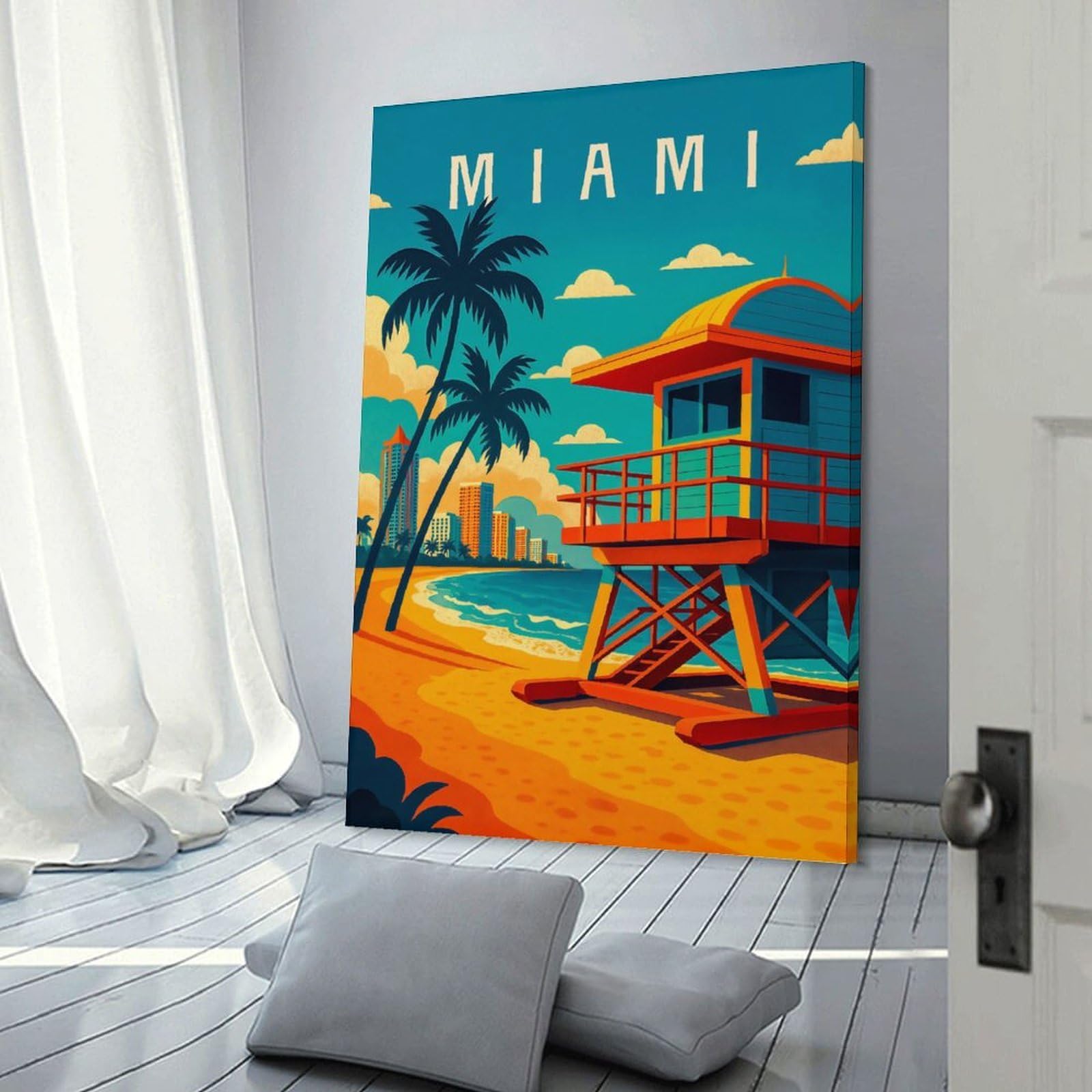 Junmoney Miami Travel Wall Art Print, 20x30inch(50x75cm), for Bedroom Decor, Cosy Corners Or Studios, Canvas Wall Decor for Personal Spaces