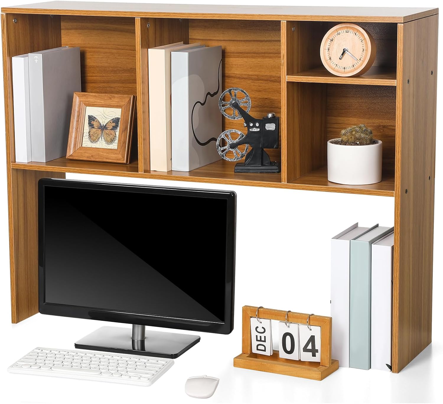 Dorm Desk Hutch Desktop Bookshelf with 5 Shelves 3-Tier Wood Countertop Desk Shelf Top Only Organizer for College Dorm Office Home, 37 x 9.5 x 28.7 Inch(Brown)