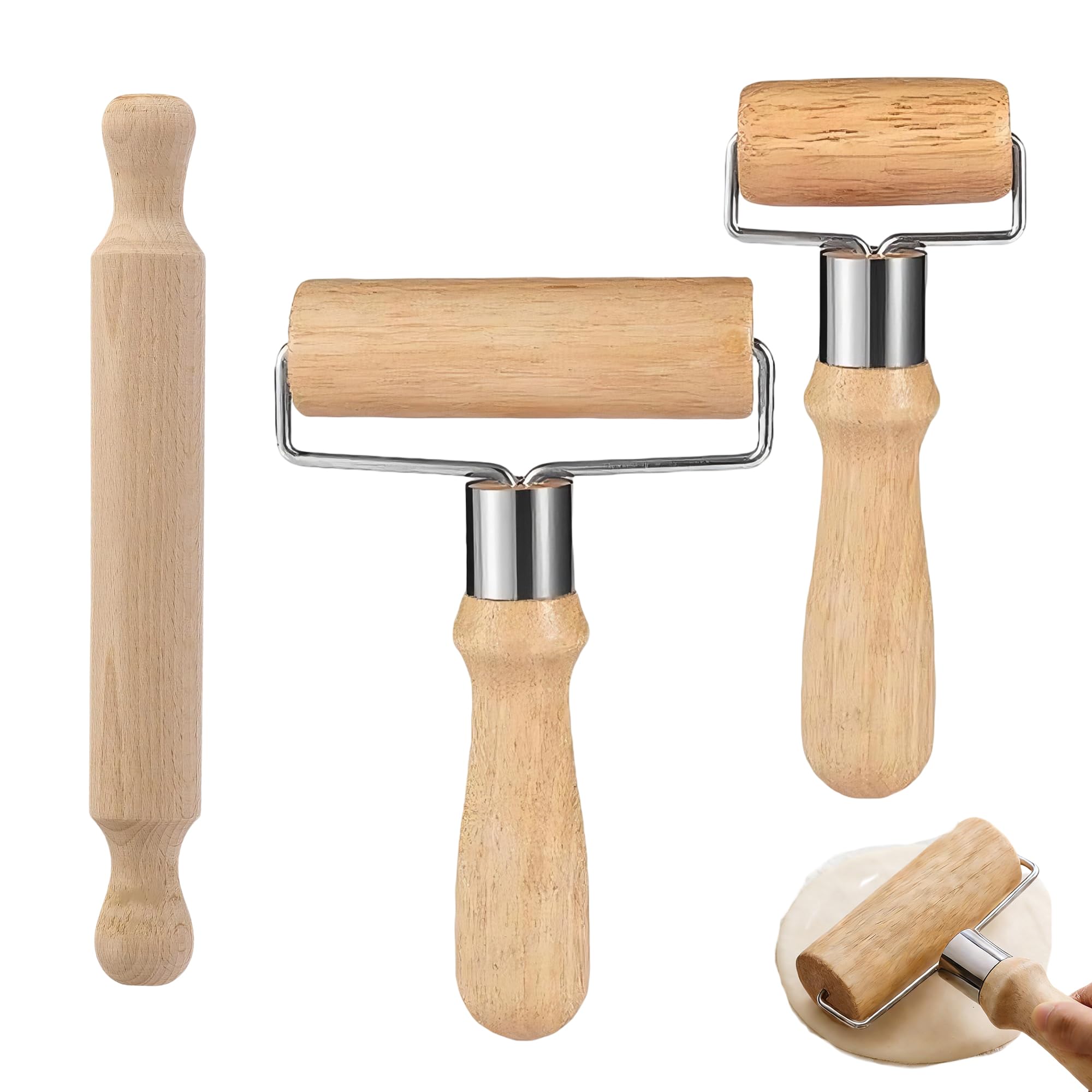 3PCS Rolling Pin Set, Includes 2 Wooden Dough Roller in Small and Large Sizes, 1 Mini Rolling Pin for Pastry, Dough Roller for Baking Pizza Desserts and More Kitchen Projects, Great for Home Bakers