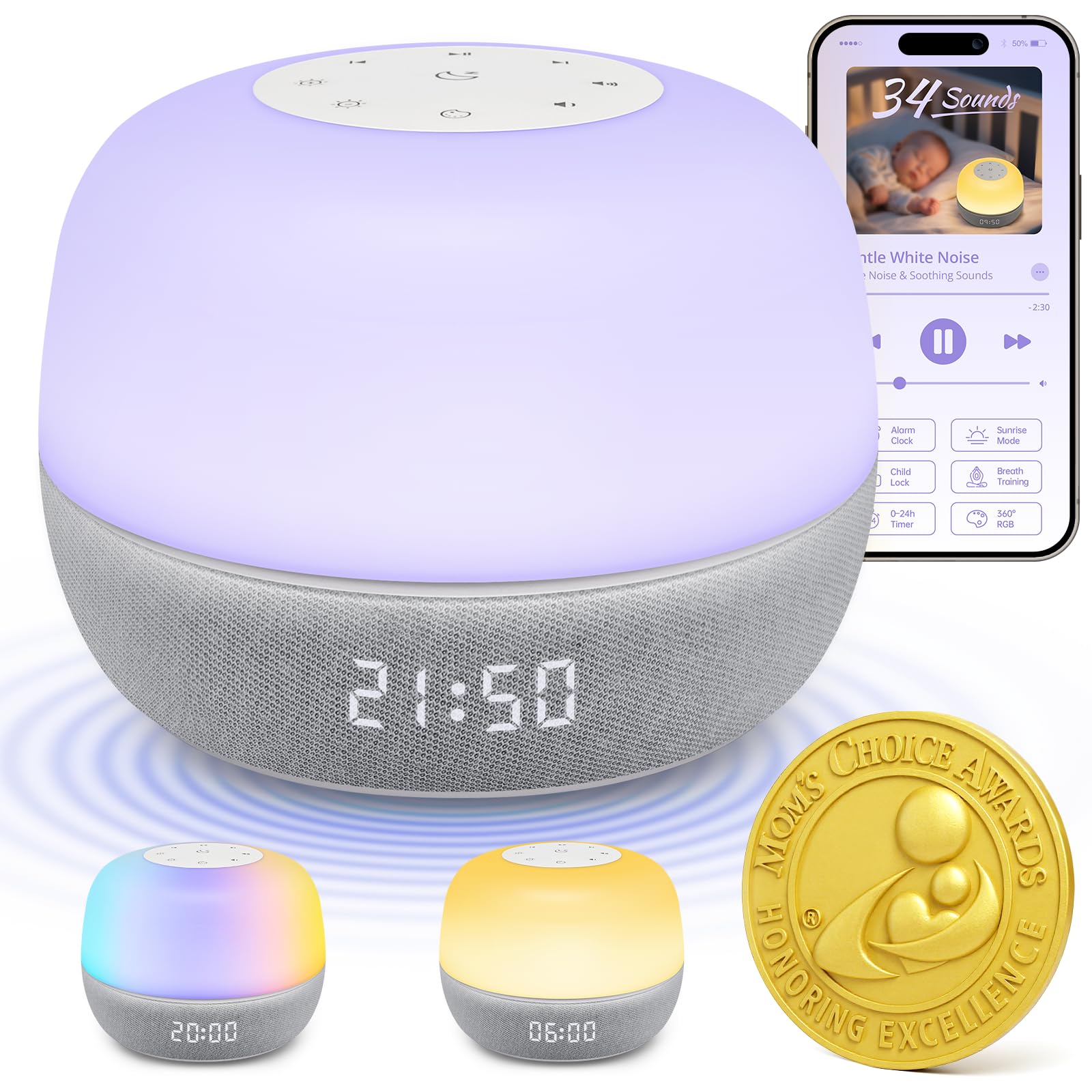 2025 Mom's Choice Awards | Sound Machine Baby White Noise Machine with Sunrise Alarm Clock & App Control – 360° RGB Night Light, Sleep Soother for