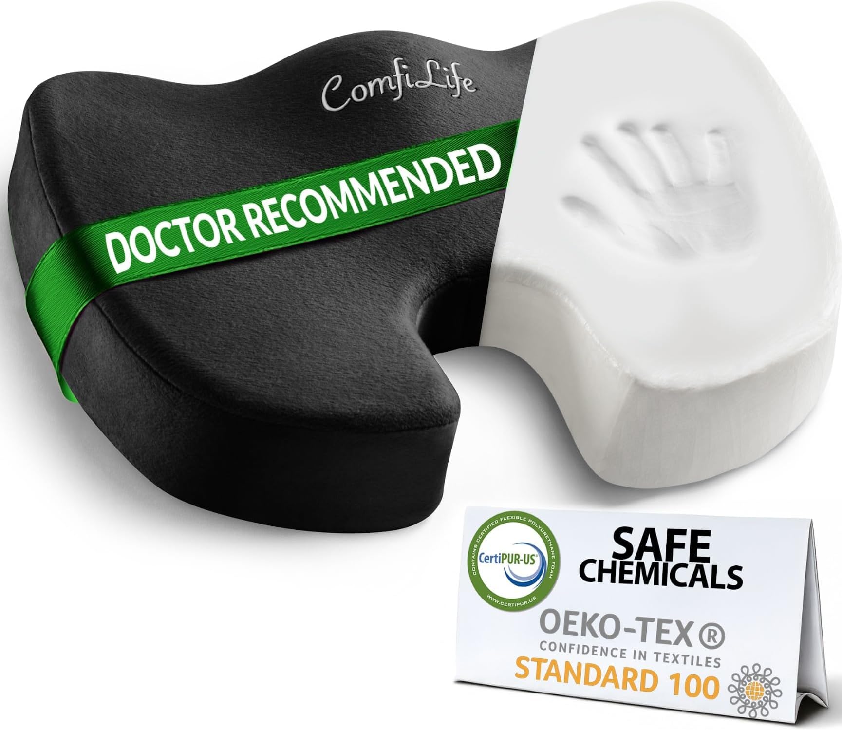 Premium Comfort Seat Cushion - Non-Slip Orthopedic 100% Memory Foam Coccyx Cushion for Tailbone Pain - Cushion for Office Chair Car Seat - Back Pain & Sciatica Relief (Black)