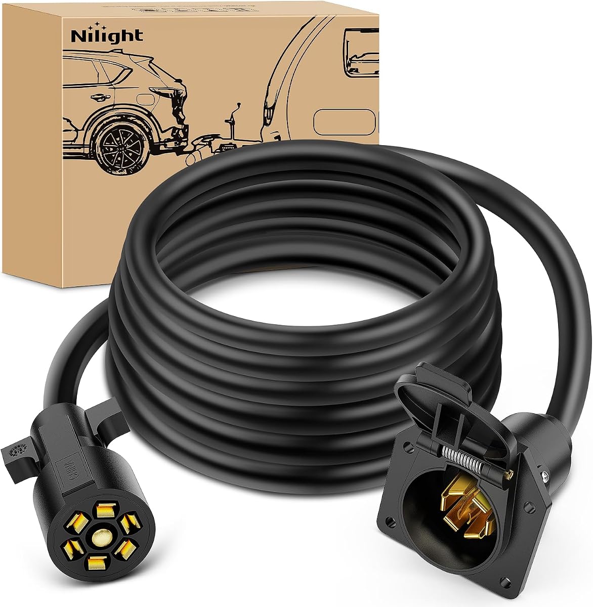 Nilight 7 Way Trailer Plug Extension Cord 12 Feet | Heavy Duty 7 Pin Connector Wiring Harness Cable 10-14 AWG Double-Prong Copper Terminals Wires for 7-Blade RV Tow -12FT
