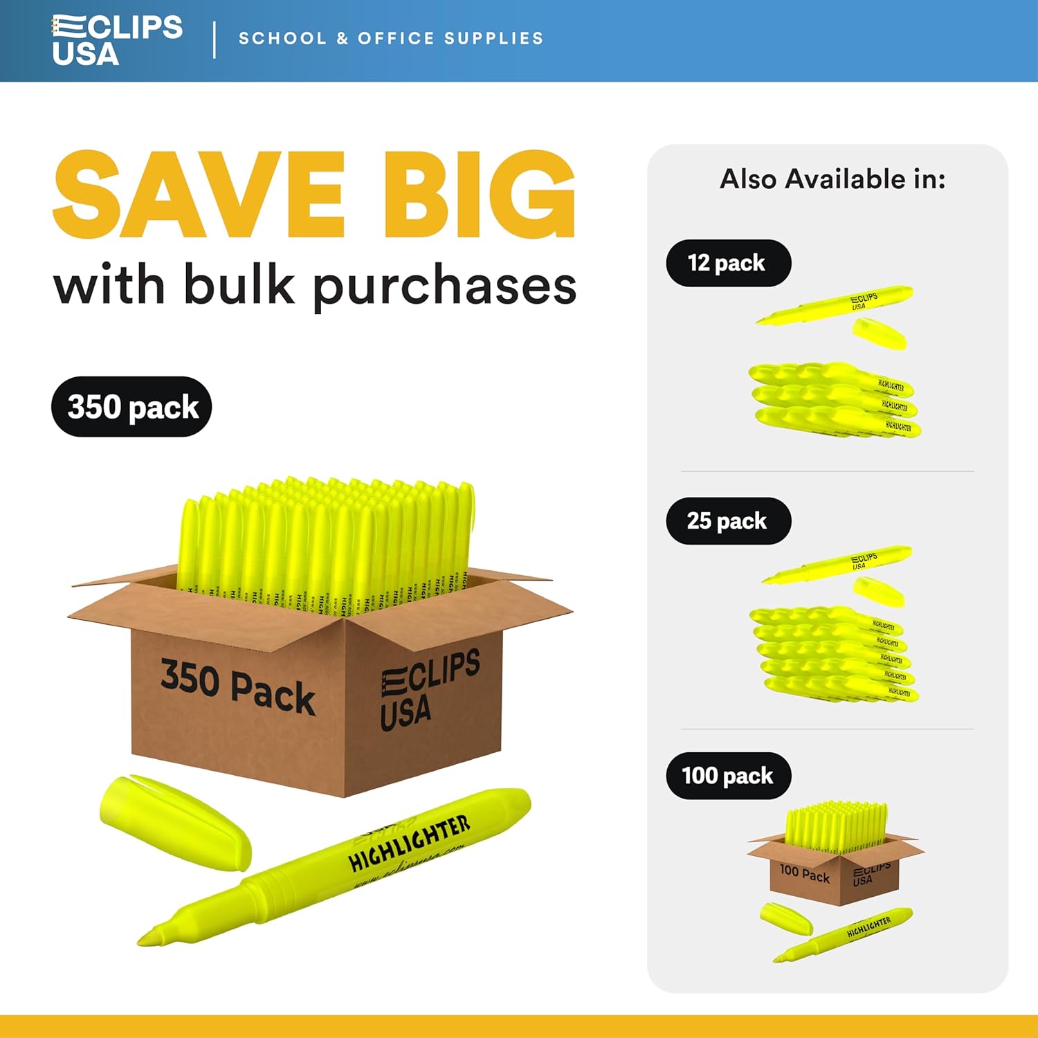 E-CLIPS USA Highlighters Bulk, Slim Yellow Highlighter Markers, Fine Tip, Fluorescent Yellow, Office Supplies, School Supplies (350 Pack)