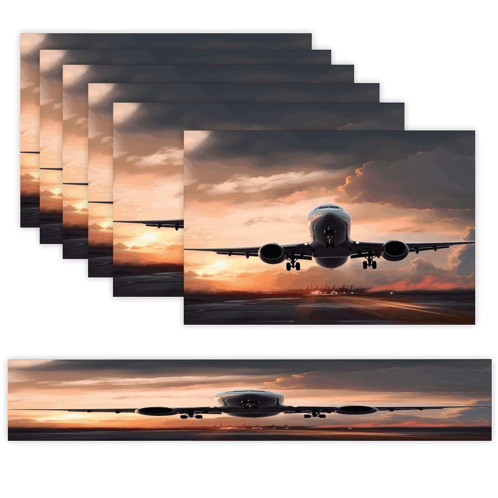 Airplane Art Table Runner and Placemats Set of 6 Wipe Clean Heat Resistant Table Mat with Table Runner Decorations Flax Linen Place Mat Set for Home Kitchen Party Supplies