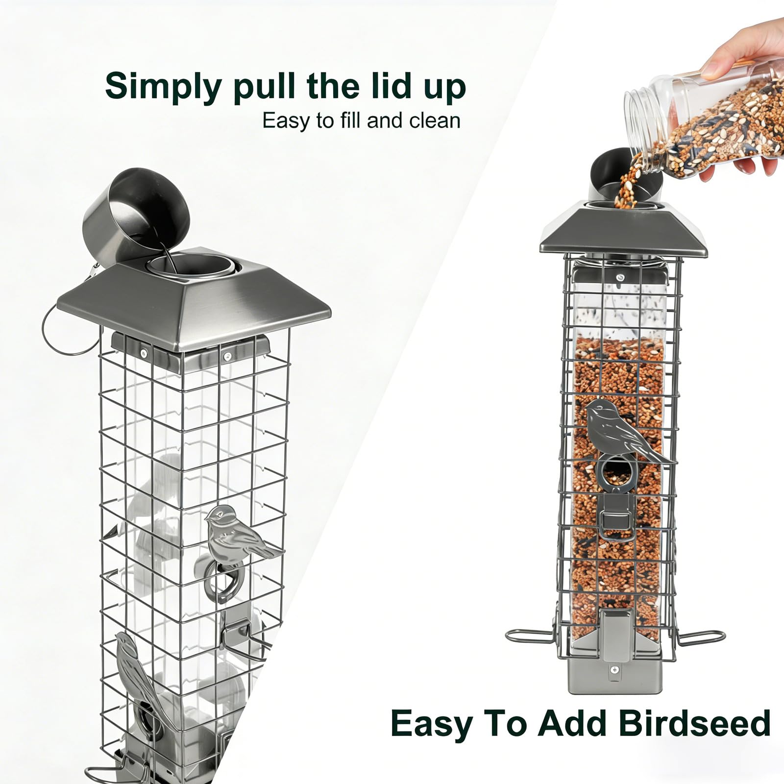 Comederos de pájaros a Prueba de Ardillas para Exteriores, comedero de Metal para pájaros Silvestres para Colgar en el Exterior, 4 Puertos, Gran Capacidad de 3 Libras (Gris)