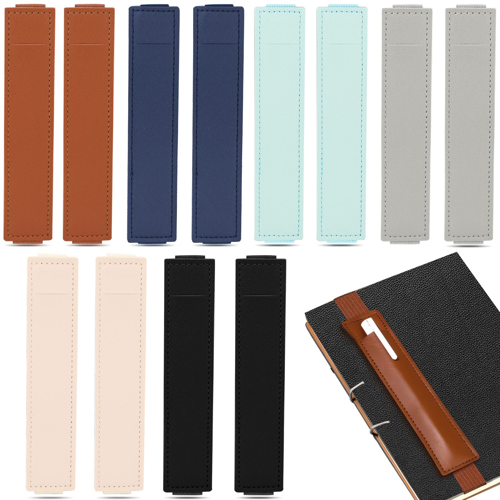 Roucerlin 12 Pieces Elastic Pen Holder for Notebook Adjustable Band PU Leather Pen Sleeve