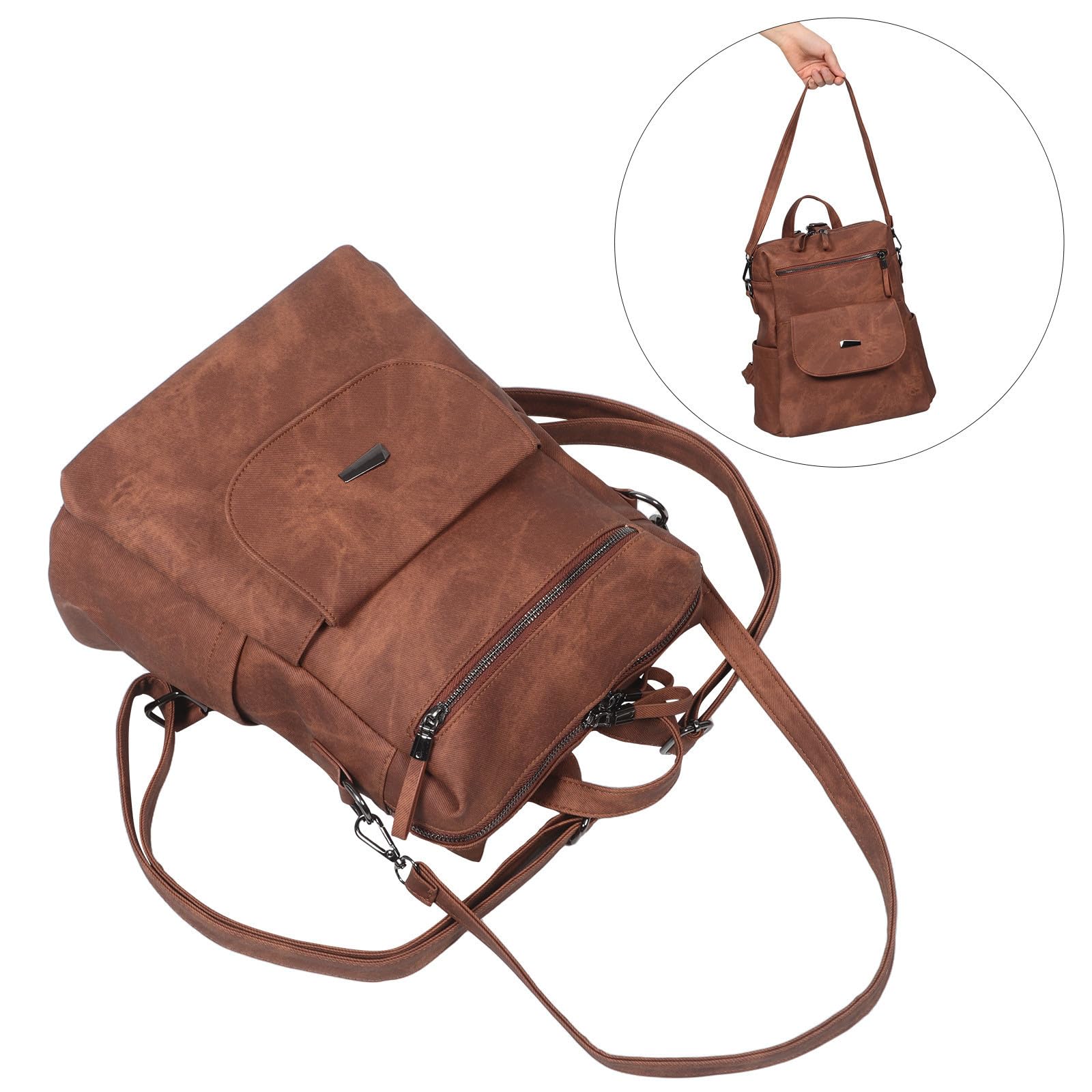 Zaino Donna Vintage in PU Marrone, Doppia Spalla Antitaccheggio