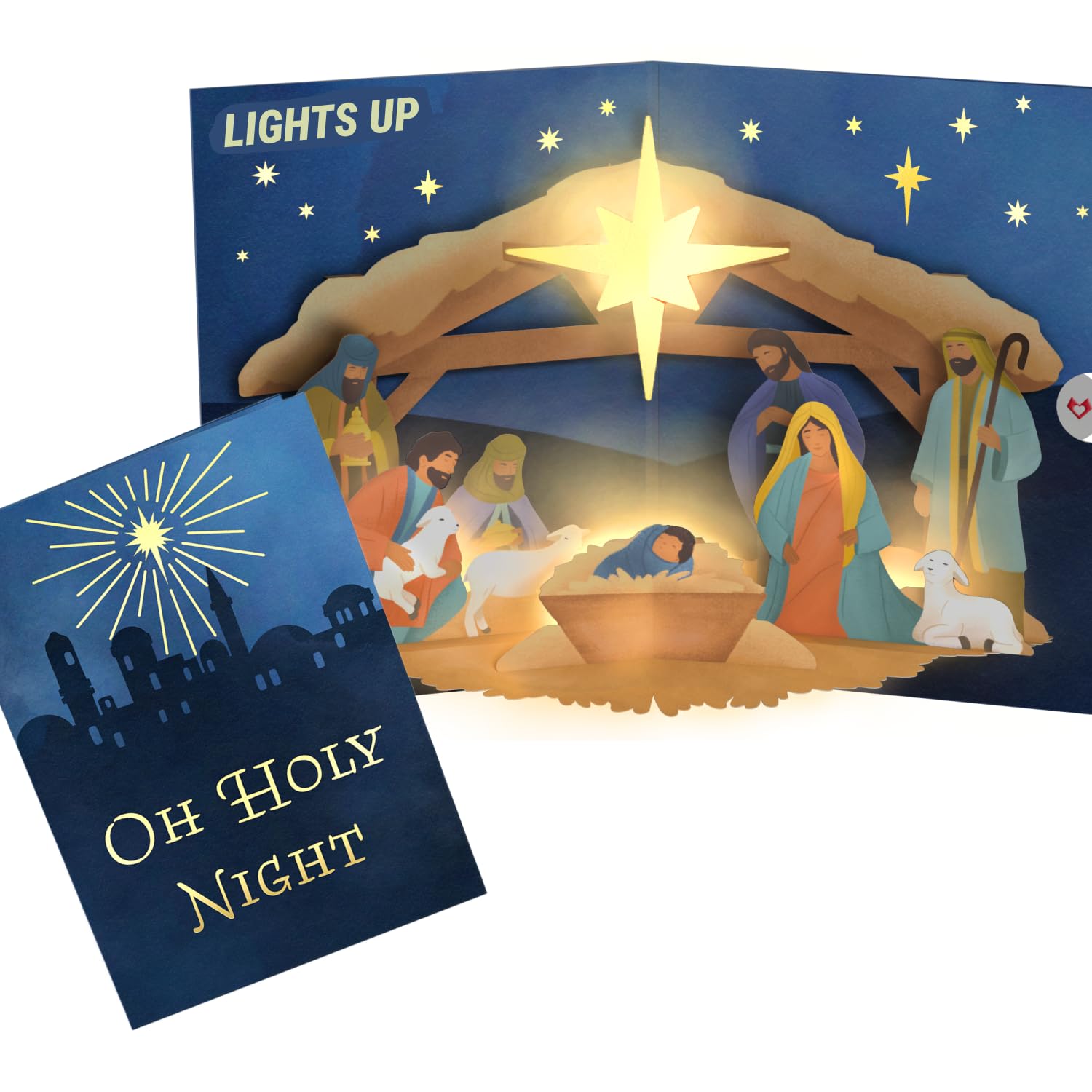 Lovepop Christmas Pop-Up Card with LED Lights for Her and Him - 3D Holidays Light-Up Greeting Cards - Oh Holy Night Nativity - 5" x 7" Card - Blank