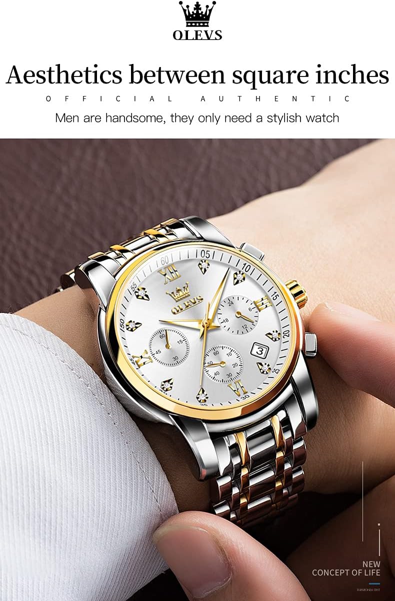 OLEVS Men Watches with Date Bussiness Watches for Male Luminous Quartz Mens Watches Waterproof with Stainless Steel Strap Stopwatch Timing Function (Silver Band Gold case Silver dial) - Image 2