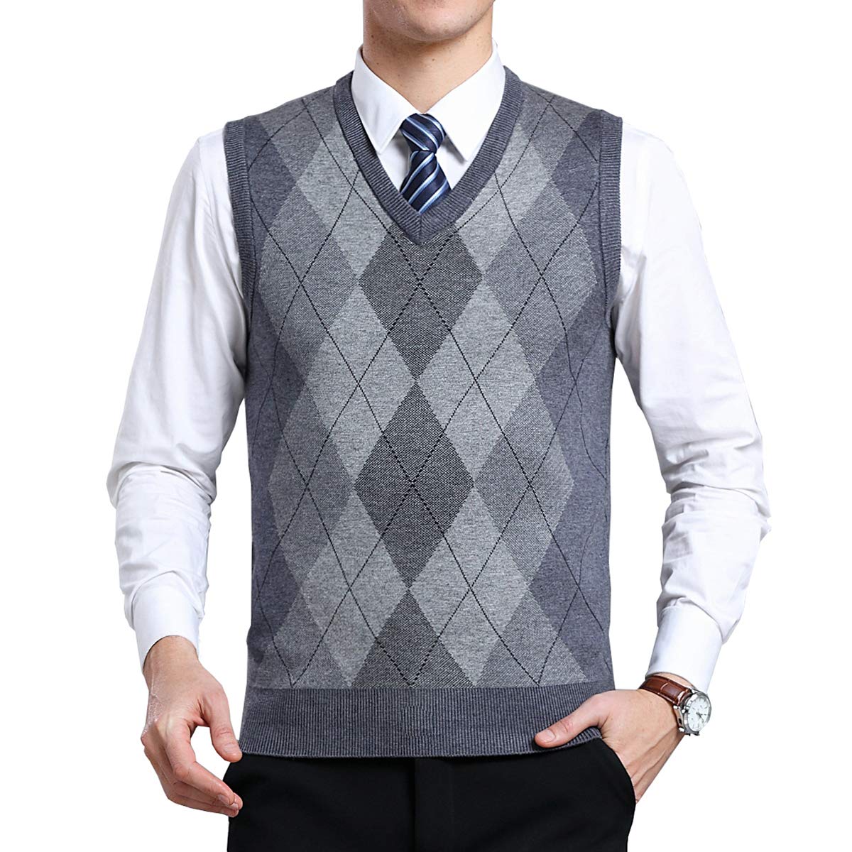 Biutimarden Men's Light Grey Knitwear Gilet V-Neck Sleeveless Jumper Diamond Lattice Knitted Waistcoat Casual Sweater Vest Gentleman Tank Tops (Xl, Navy) (Xl, )