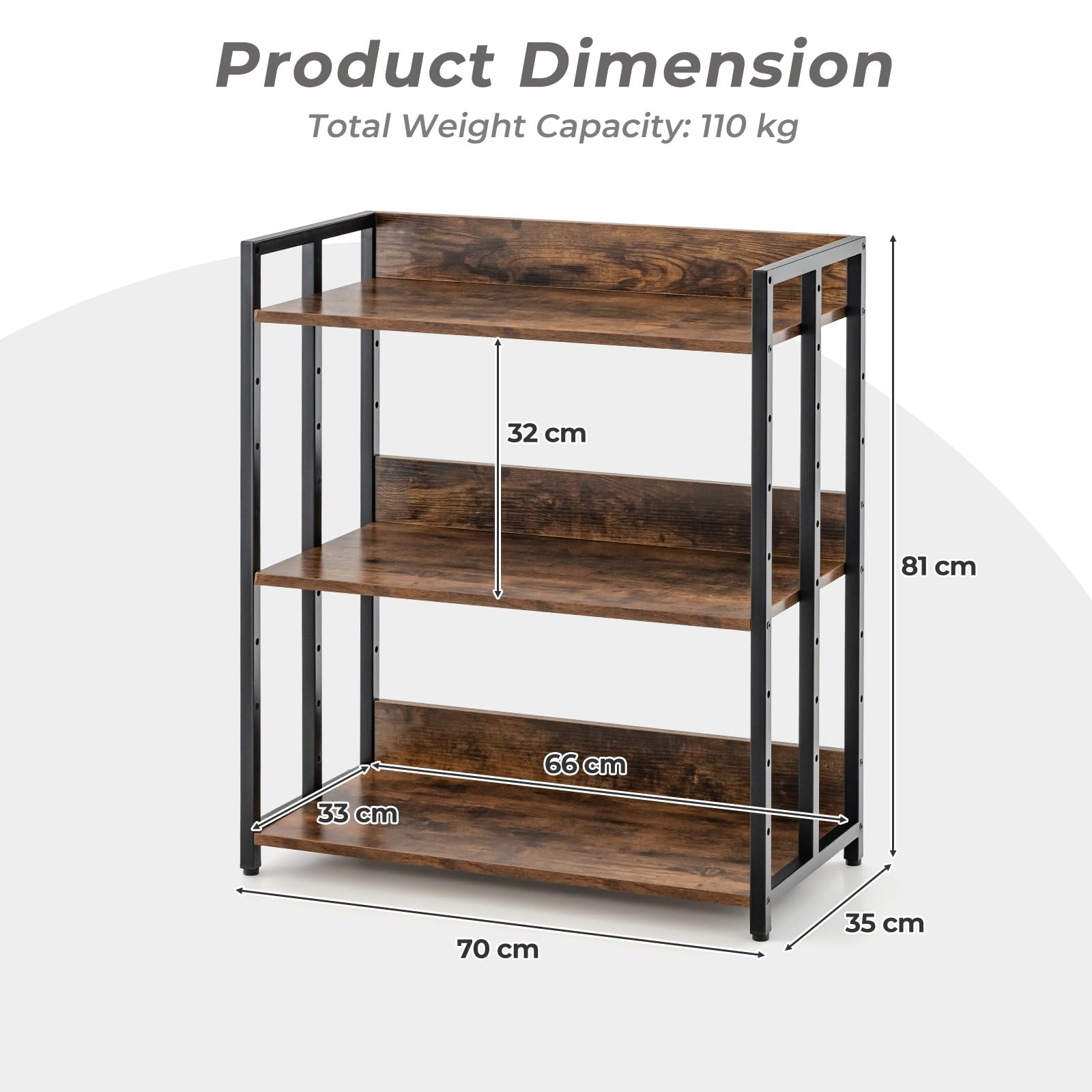 GIANTEX Bücherregal Industrial, Standregal 3 verstellbaren Ebenen mit Schutzklappen, Lagerregal Aufbewahrungsregal aus Holz & Metallrahmen, Multifunktionales Beistellregal 70 x 35 x 81 cm (Braun)