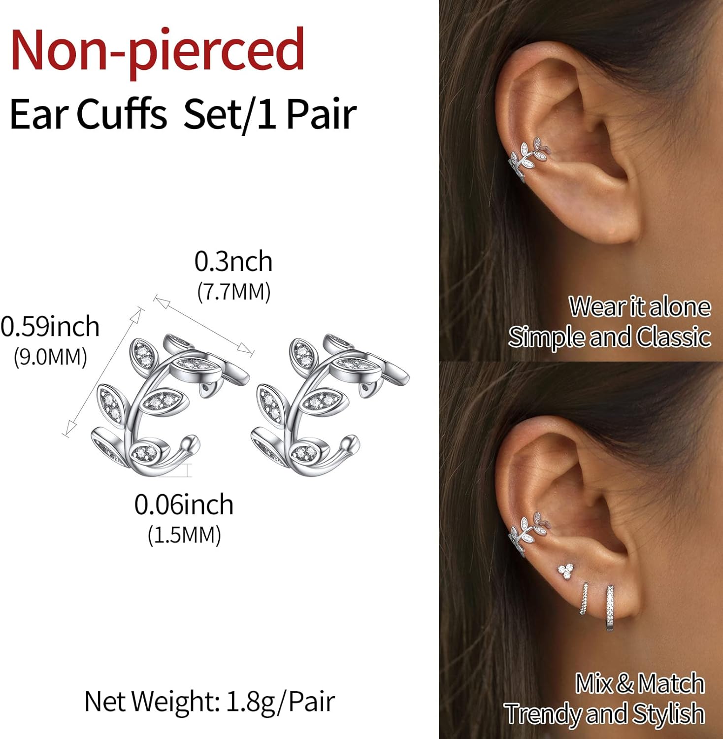 ChicSilver 925 Sterling Silver Ear Cuff Earrings Non Piercing Clip on Cartilage Cuff Earrings for Women
